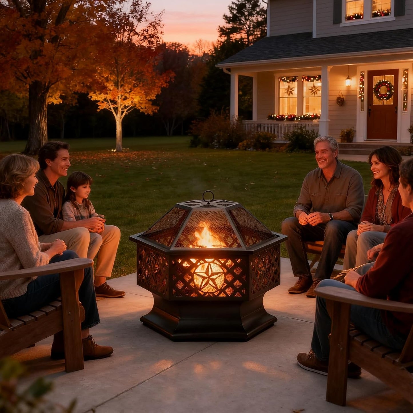 28 Inch Hexagonal Fire Pit,Wood Burning Firepits for Outside with Spark Screen&Poker,Metal Hex-Shaped Outdoor Fire Pit for Outside,Backyard,Bonfire,Patio,Garden,Picnic and Camping（Black）