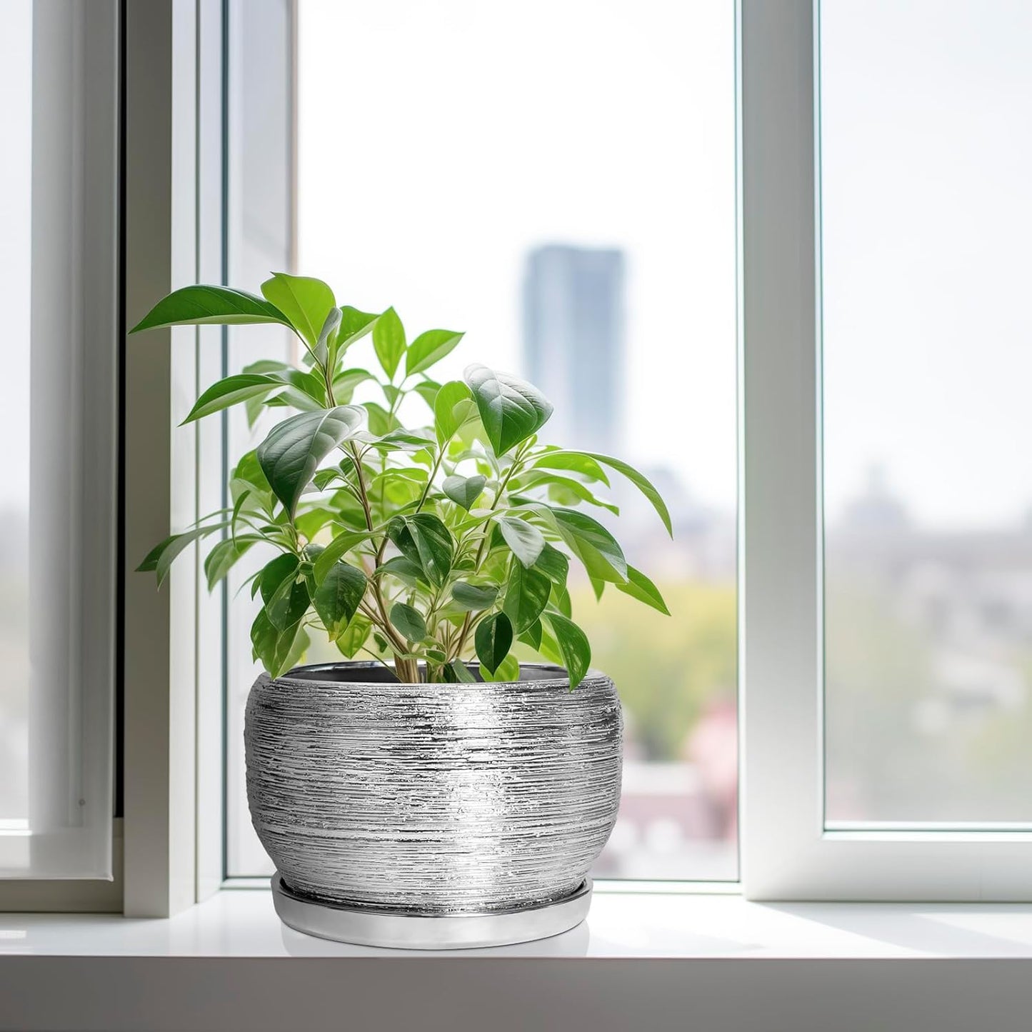 SQOWL Ceramic Pot for Plants - 10 Inch Planter Indoor, Round Large Planter Outdoor with Drainage Hole and Plant Saucer, Decorative Ceramic Flower Pot, Kitchen Decor, Housewarming Gifts, Silver