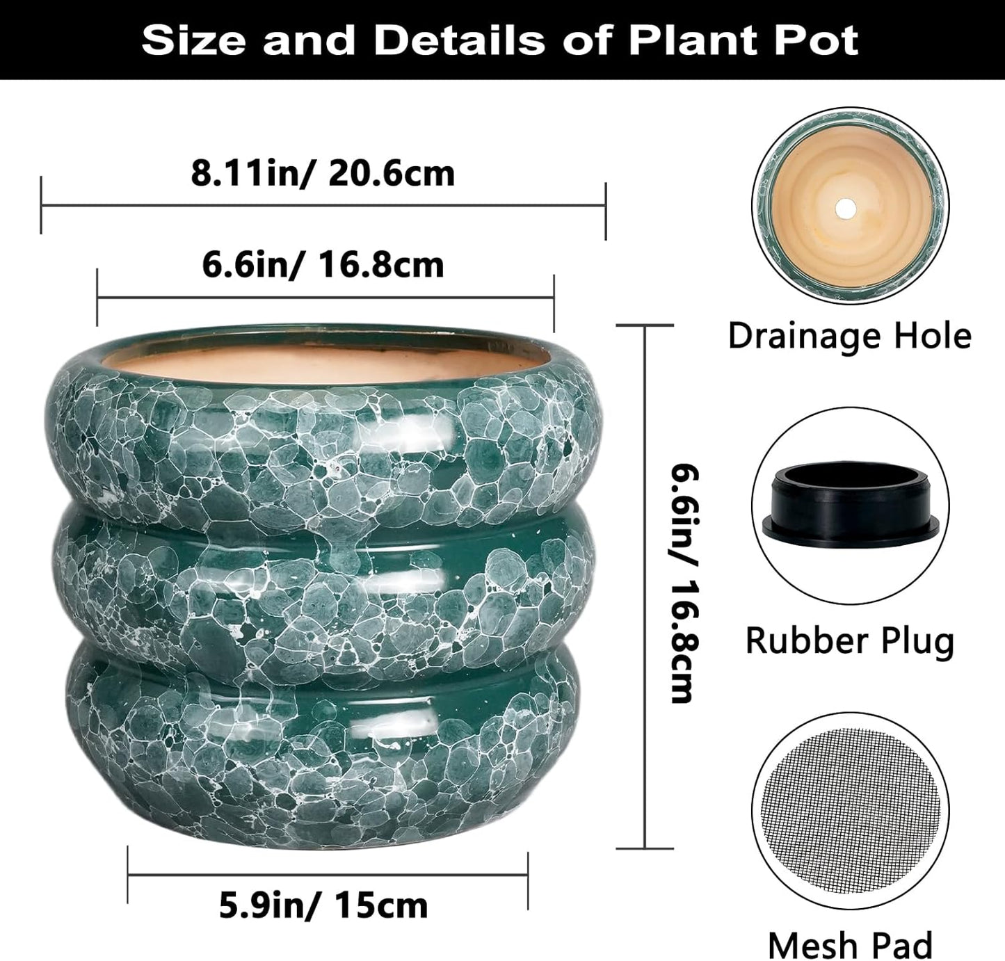 SQOWL 8 Inch Pot for Plants Indoor - Ceramic Planter Medium Plant Pot with Drainage Hole Round Flower Pot Outdoor Mid-Century Planter for Entry Way Table Home Decor Green