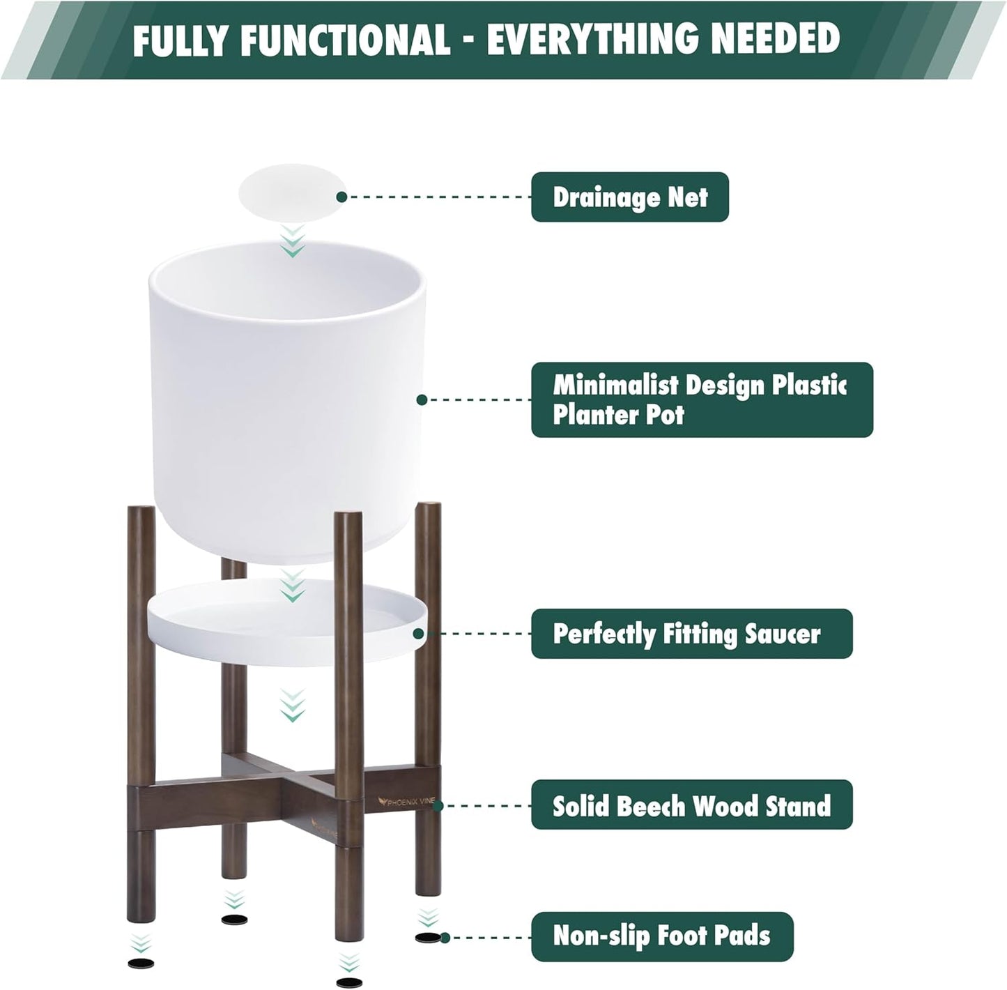 D'vine Dev Planter with Stand - 12 Inch Plastic Cylinder Flower Pot with Wood Holder for Indoor, Matte White Pot + Walnut Color Stand, 55-C-O-1