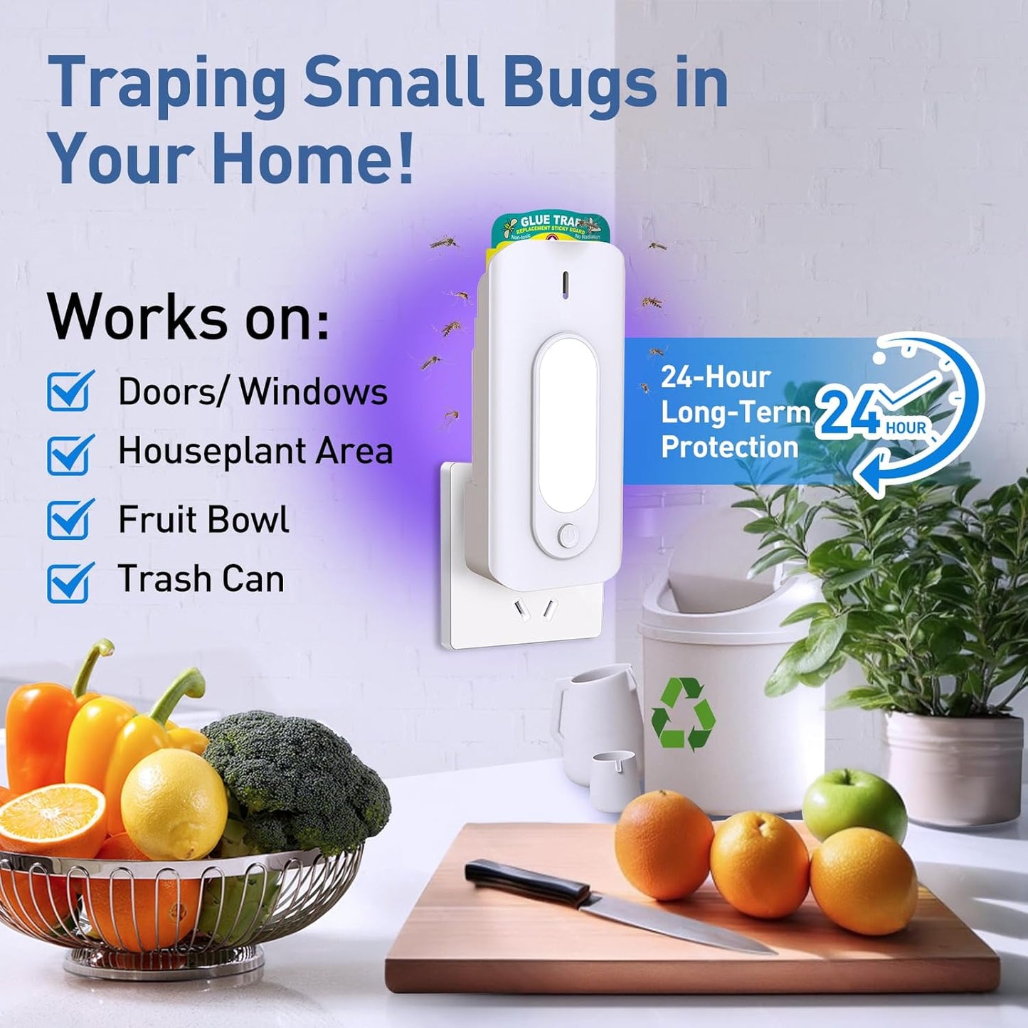 Fruit Fly Trap for Indoors with 10 Refills, 2 in 1 Fly Trap Indoor with Night Light for Home, Gnat Traps for House Indoor, Plug-in Insect Trap for Gnats, Flies, Moths, and Other Bugs-White