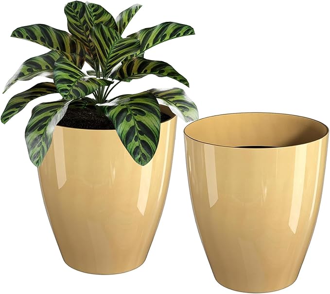QCQHDU Plant Pots Set of 2 Pack,10 Inch Plant Pot for Indoor and Outdoor Plants with Drainage Hole,Flower Pots Modern Decorative Planter for Garden Plants (Golden)