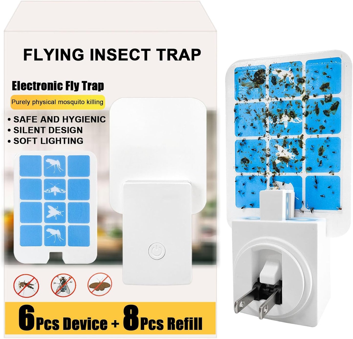 Plug in Indoor Fly Trap for Gnat Moth Houseflies Fruit Flies, Blue Light Bug Light Trap Compatible with Safer Home Indoor Fly Trap Refill, Mosquito Flying Insect Trap, 6 Device+8 Refill