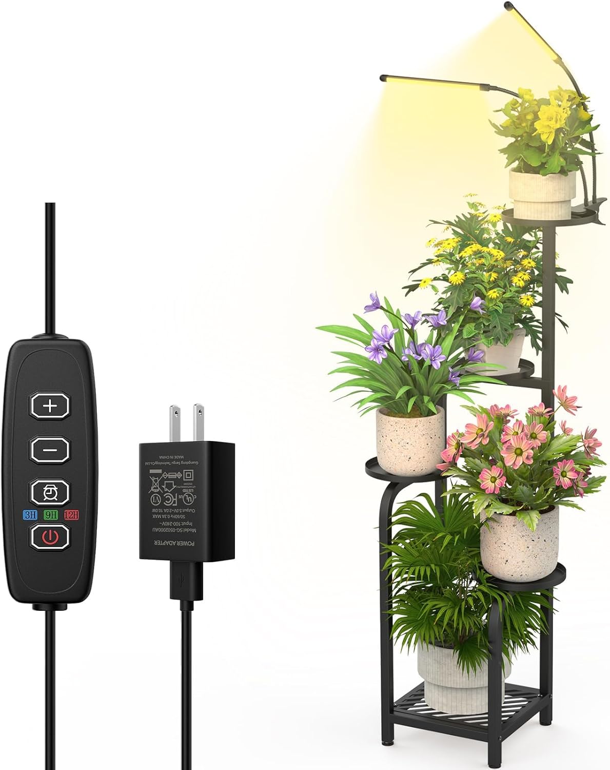 TOSKING 48" Tall Plant Stand with Grow Lights - 5-Tier Corner Plant Shelf with LED Full Spectrum Lights with Dimmer & Timer, Multi-Functional Corner Plant Stand for Home, Office, Balcony (Grow Light 5 Tier-Black)