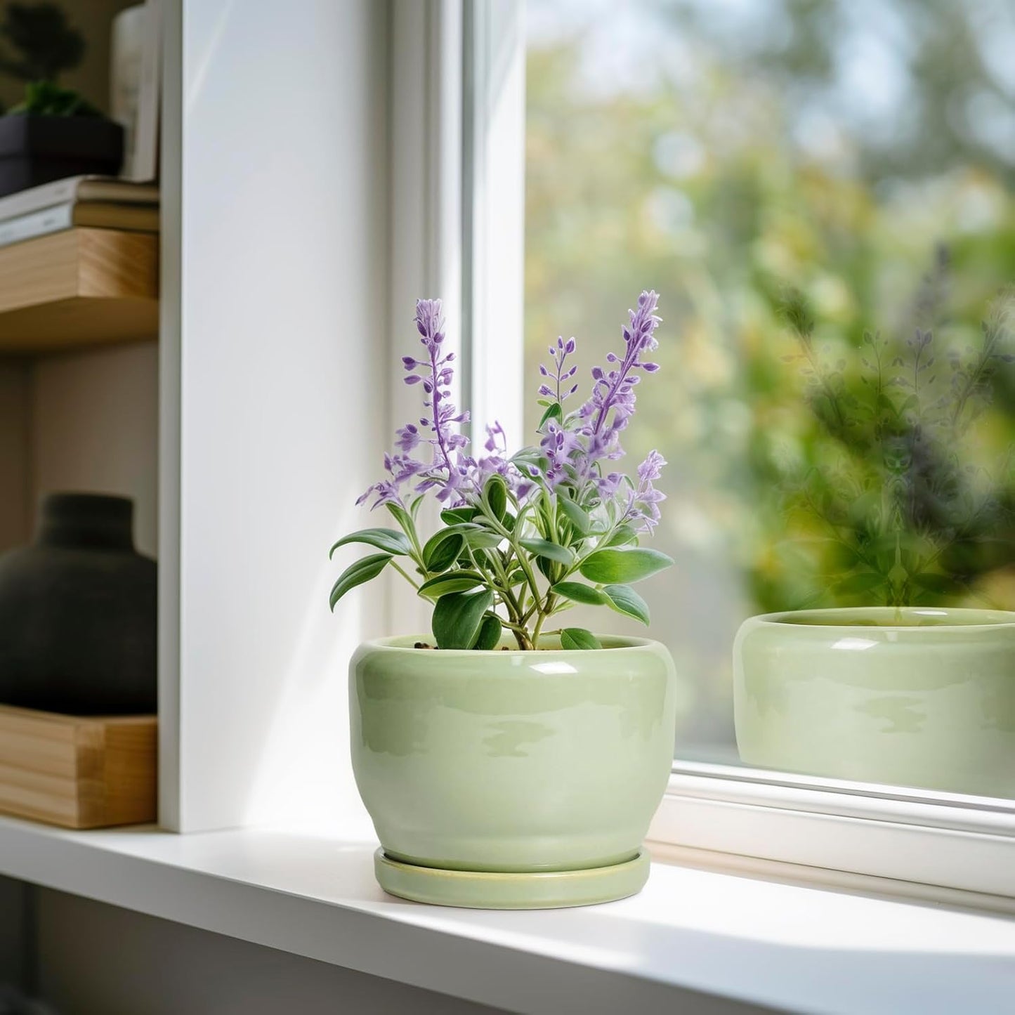 SQOWL Ceramic Pot for Plants - 6 Inch Planter for Indoor Outdoor Plants, Round Decorative Flower Pot with Drainage Hole and Saucer, Modern Small Planter, Patio Decor, Garden Gifts, Green