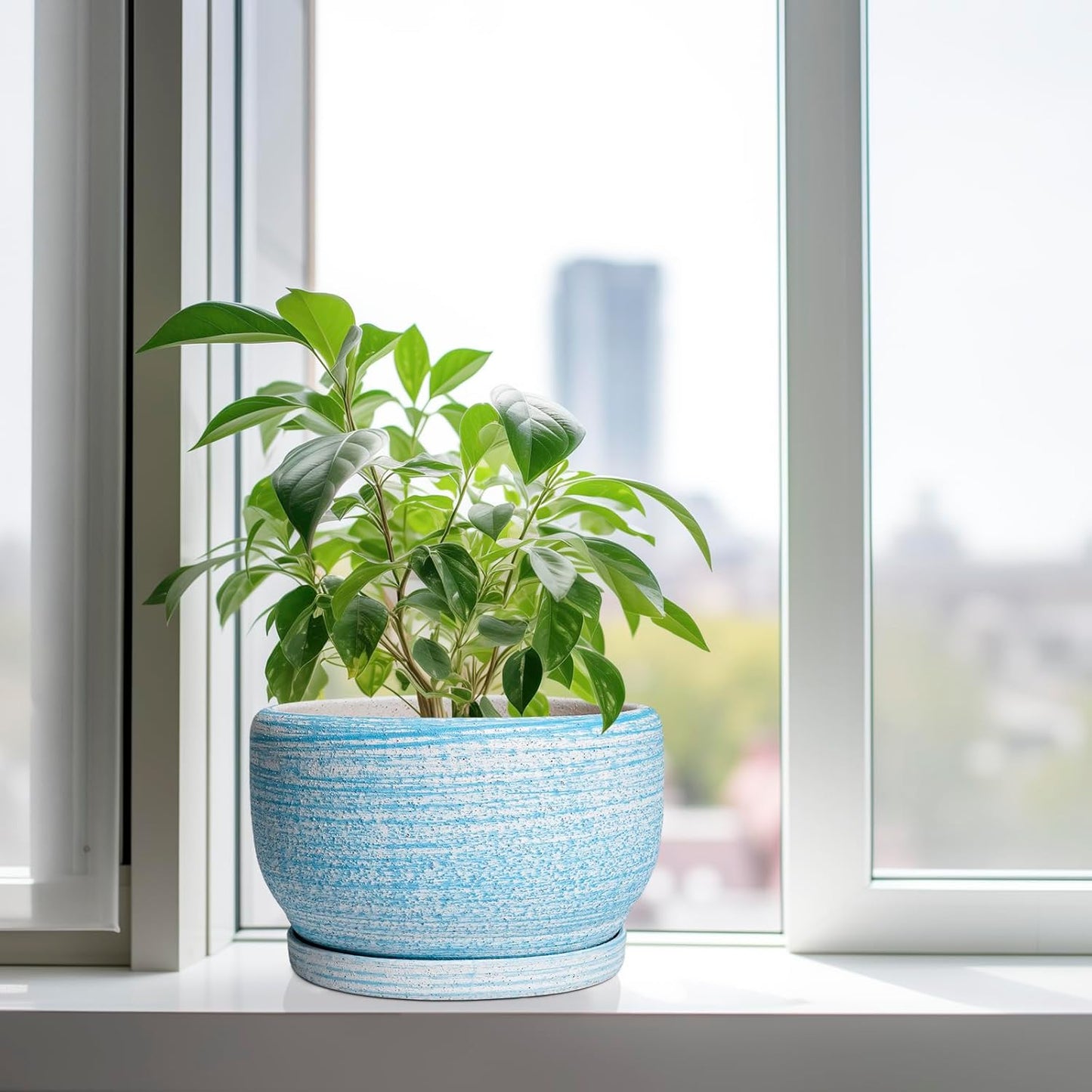 SQOWL Ceramic Plant Pots - 10 Inch Ceramic Flower Pots with Drainage Hole and Saucer, Round Large Planter for Indoor Outdoor, Decorative Modern Planter, Kitchen Decor, House Warming Gifts, Blue