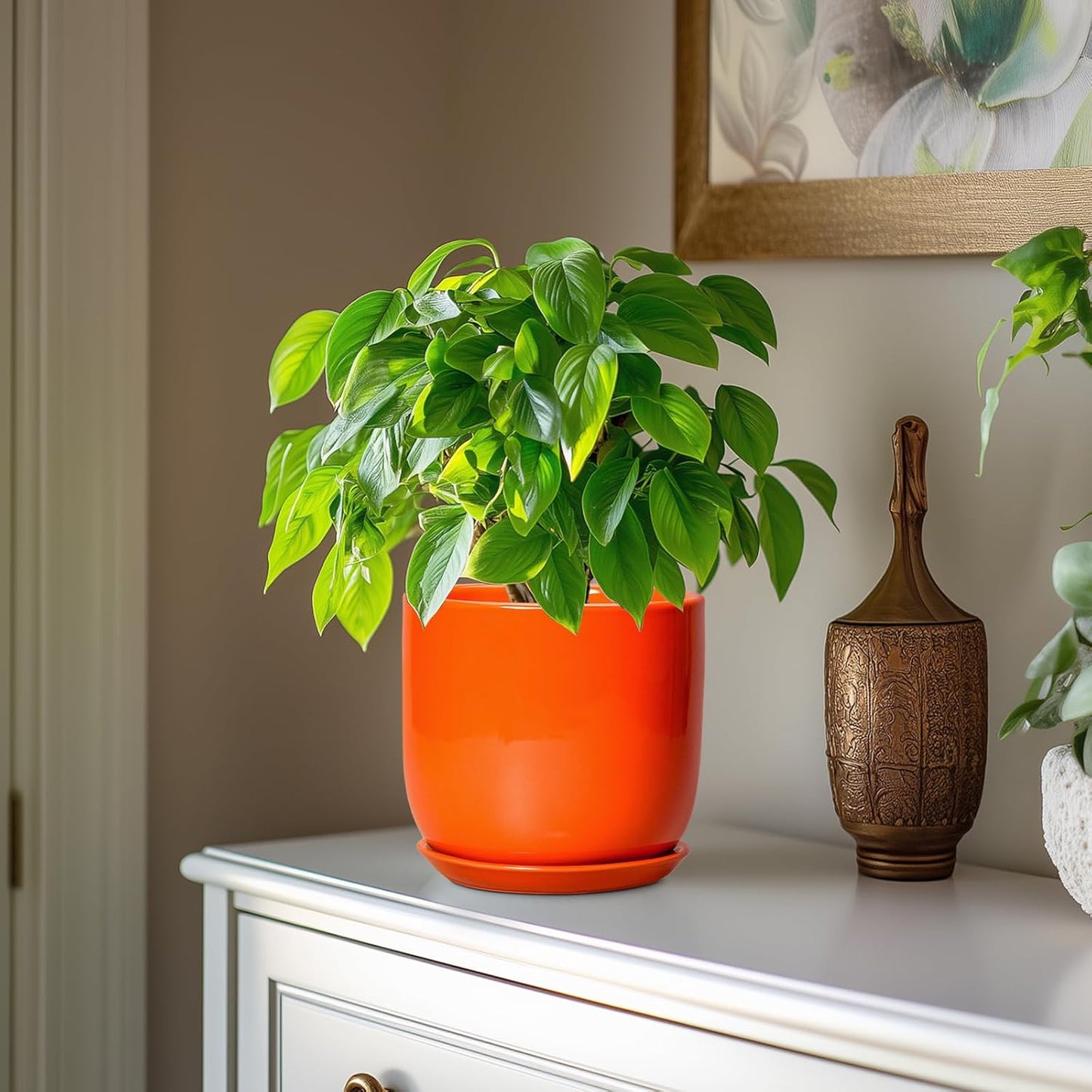 7 Inch Plant Pot - Ceramic Planter with Drainage Hole and Saucer, Modern Round Ceramic Flower Pot for Indoor Outdoor Plants, Plant Lover Gifts, Home Garden Office Decor, Orange