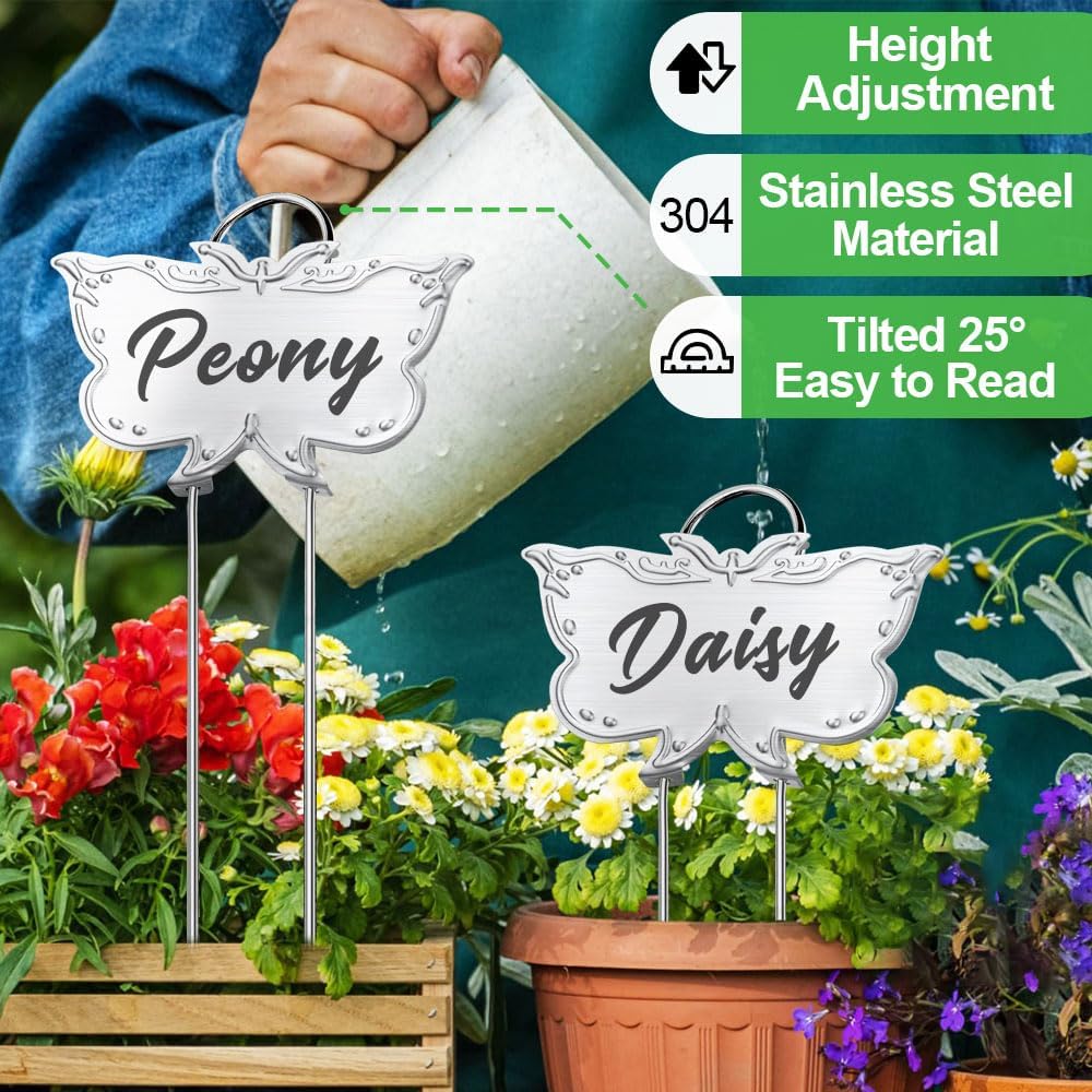 Metal Plant Labels, Tall Outdoor Butterfly Garden Markers for Flowers, Fruits and Vegetables, 304 Stainless Steel Weatherproof Signs (25 Packs, 4" x 2.3", Silver Butterfly Design)