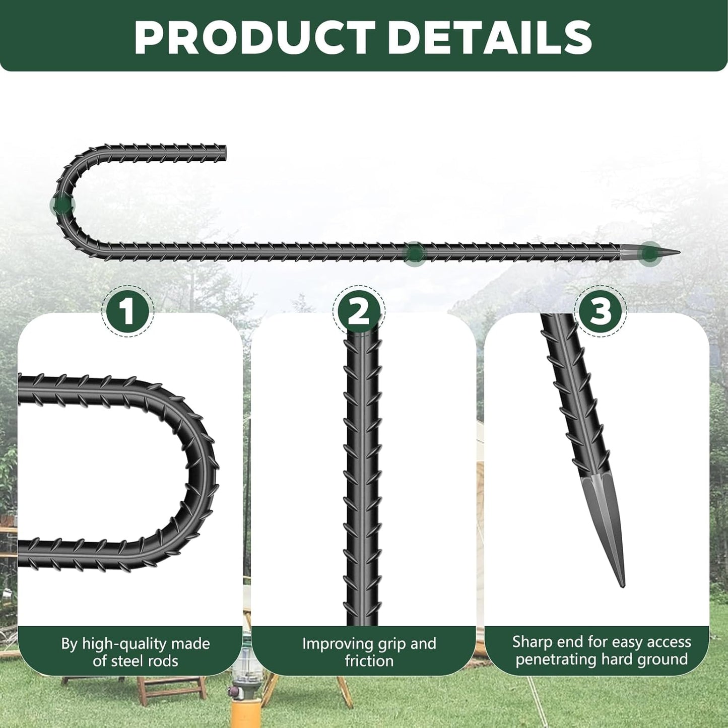 20 Pieces 12 Inch Long 5/16 Inch Diameter Rebar Tent Stakes Heavy Duty, Ground Anchors,Rebar Yard Fence Metal Lawn Bounce House Stakes Heavy Duty, Chain Link Fence J Hooks for Garden Wire Fencing