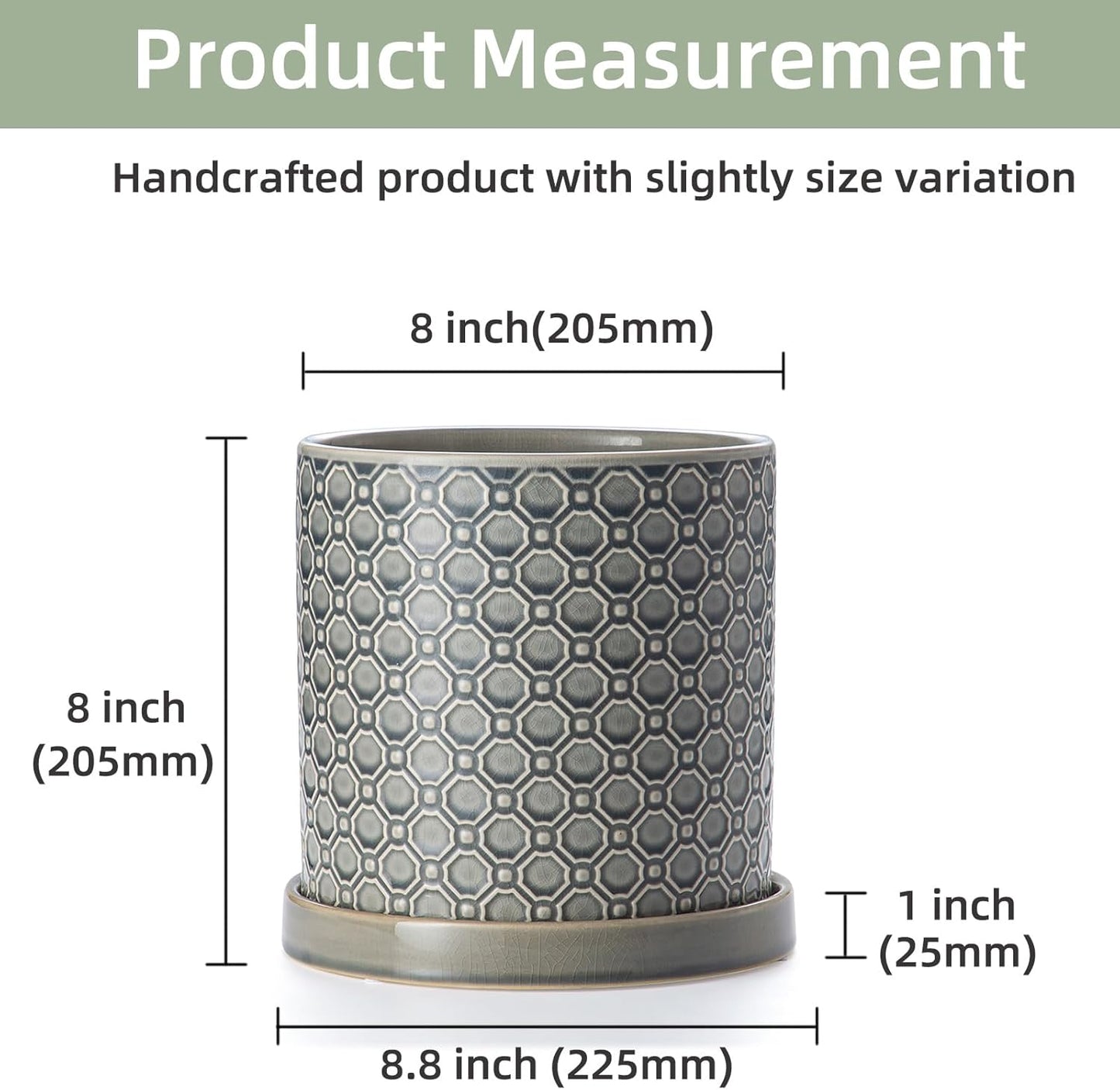 8 Inch Plant Pot: Ceramic Planter with Drainage Hole & Saucer Indoor Outdoor Plants - Cylinder Round Flower Pot for Home Office - Modern Decorative - Medium Grey