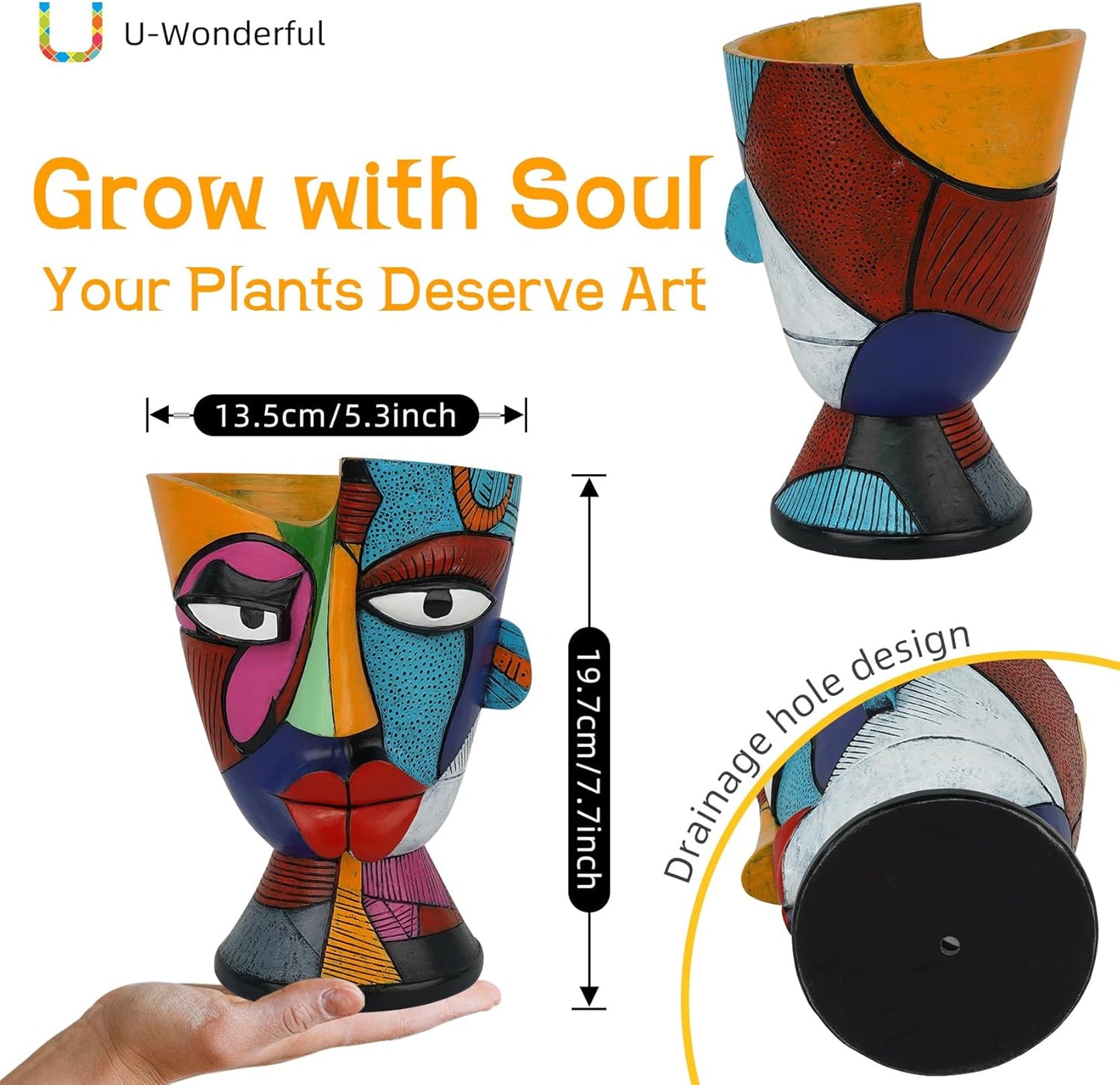 Abstract Face Planters Pots Head 7.8 Inch with Drainage - Decorative Plant Pots Retro Rainbow Design, Cute Unique Planter for Succulents/Snake Plants/Cactus Indoor & Outdoor