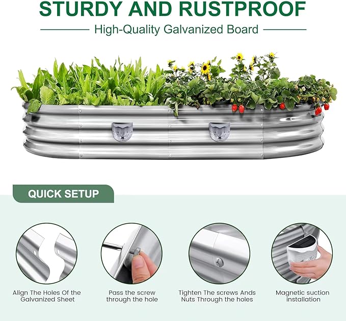 Land Guard Galvanized Raised Garden Beds Outdoor with 2 Magnetic Solar-Powered Lights(Grey), Metal Planter Raised Beds, 4×2×1Ft Metal Raised Garden Beds for Gardening, Vegetables, Flowers