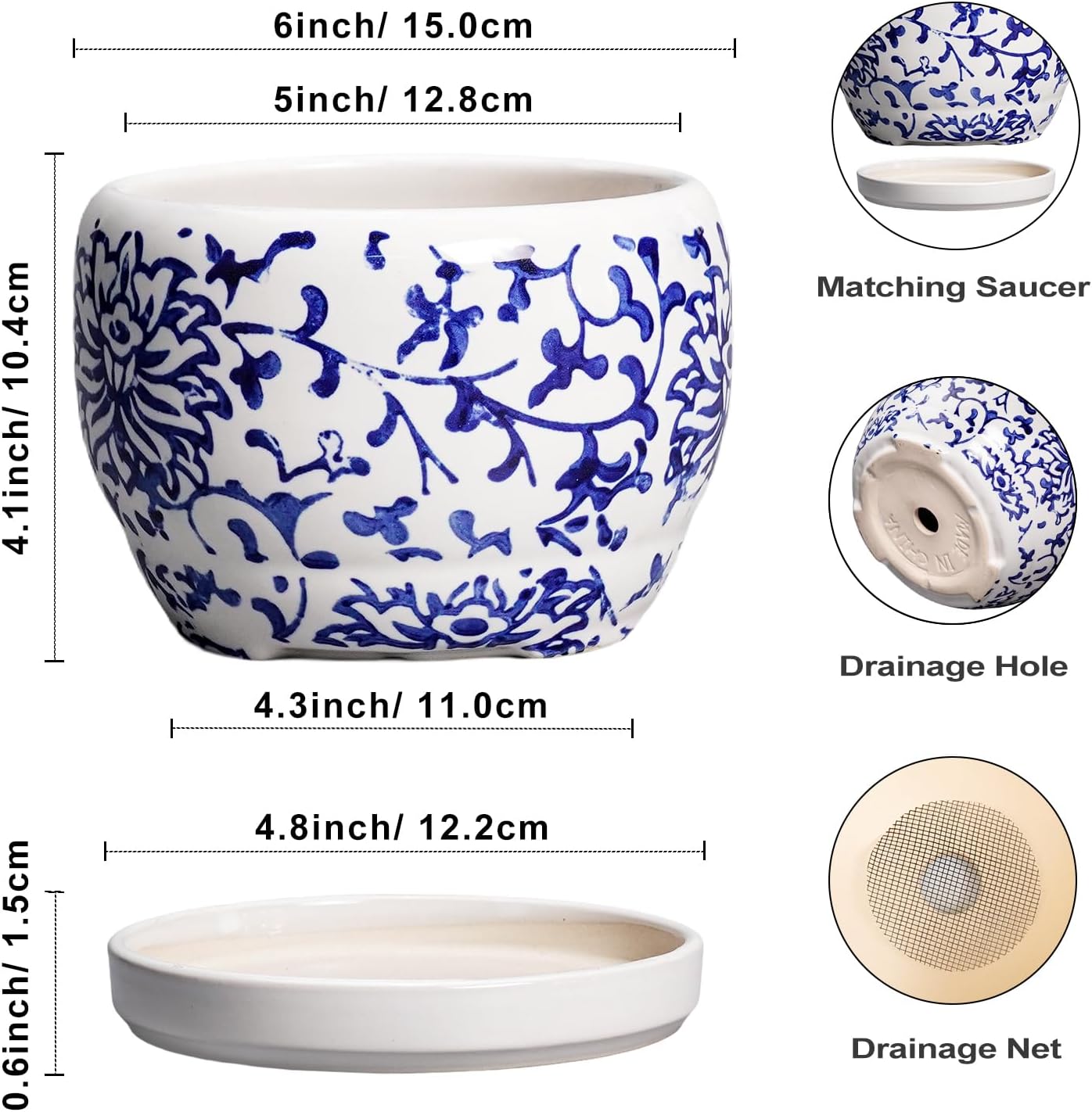 SQOWL 6 Inch Planter - Ceramic Plant Pots Indoor with Drainage Hole and Saucer, Round Ceramic Flower Pot Outdoor, Porcelain Decorative Planter, Backyard Decor, Gifts for Plant Lovers, Blue and White