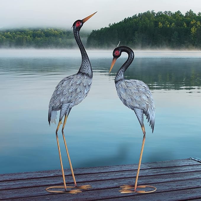 Crane Statue Garden Décor, Metal Heron Statue Yard Art for Outdoor Patio Lawn Backyard Pool Front Porch Deocr, Bird Garden Sculpture & Statues, Set of 2, Black and White
