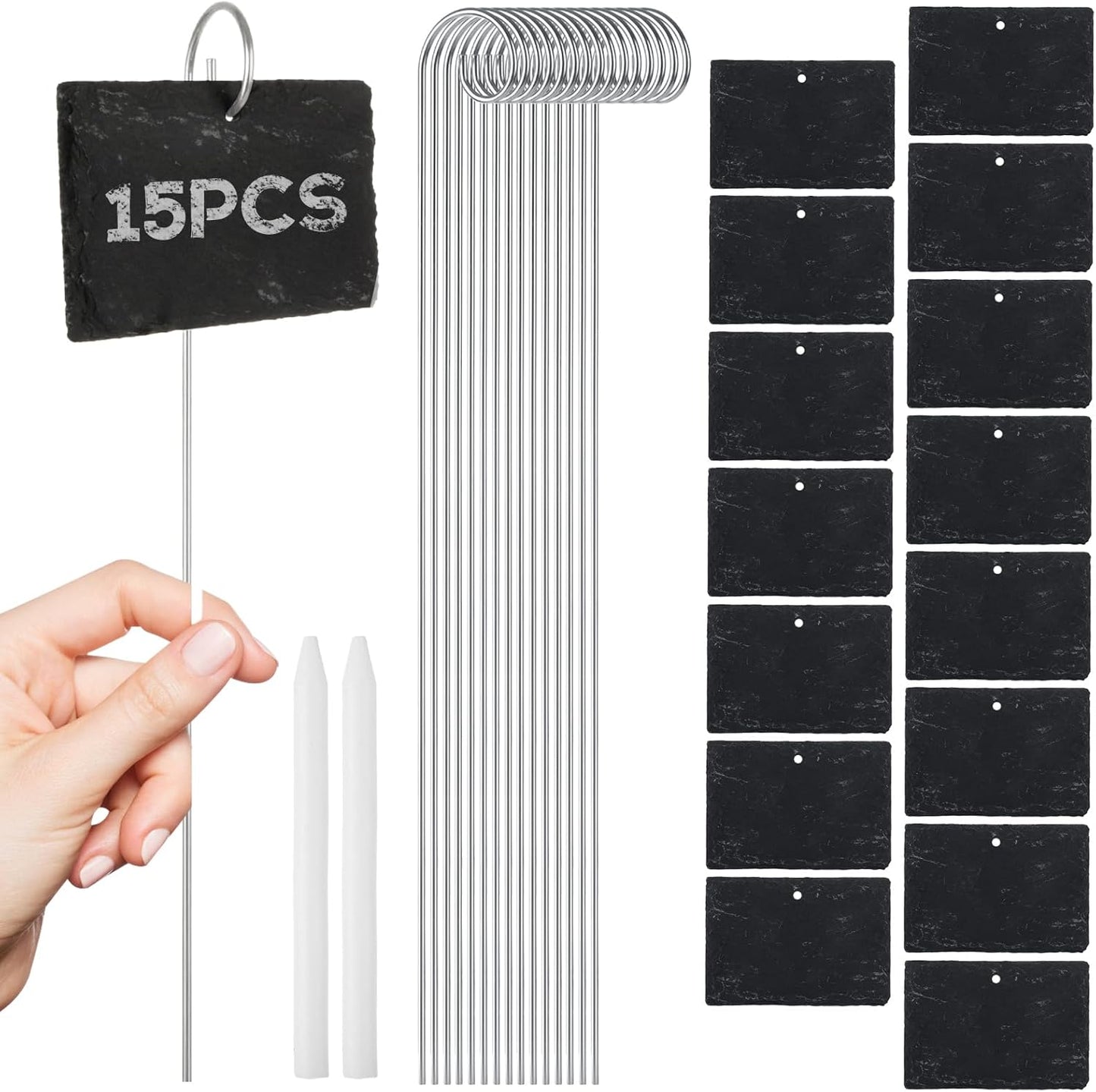 15PCS Slate Plant Markers with Stakes and Stone Chalks Garden Markers Signs Labels Hanging Slate Planter Tags for Flower Bed, Pots, Planters