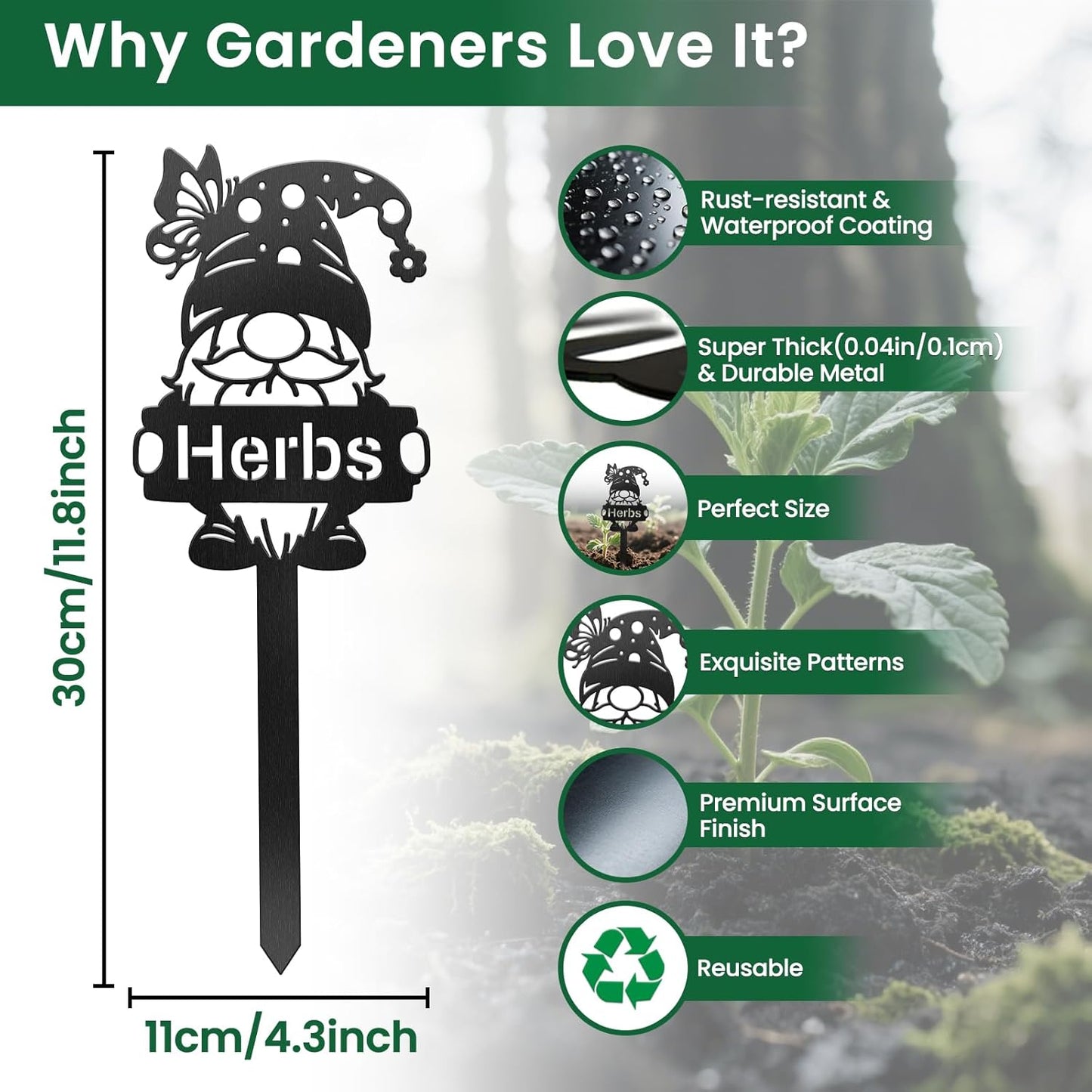 CUTHOLLOW Metal Plant Marker Stake Herbs and Gnome for Outdoor Indoor, Waterproof 11.8 inch Cute Garden Plant Labels Sign Tag for Herb, Farmhouse Greenhouse Decor - Funny Gardening Gifts