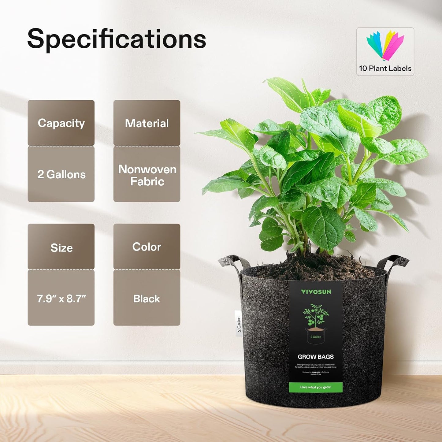 VIVOSUN 5-Pack 2 Gallon Grow Bags Heavy Duty Thickened Nonwoven Fabric Pots with Handles