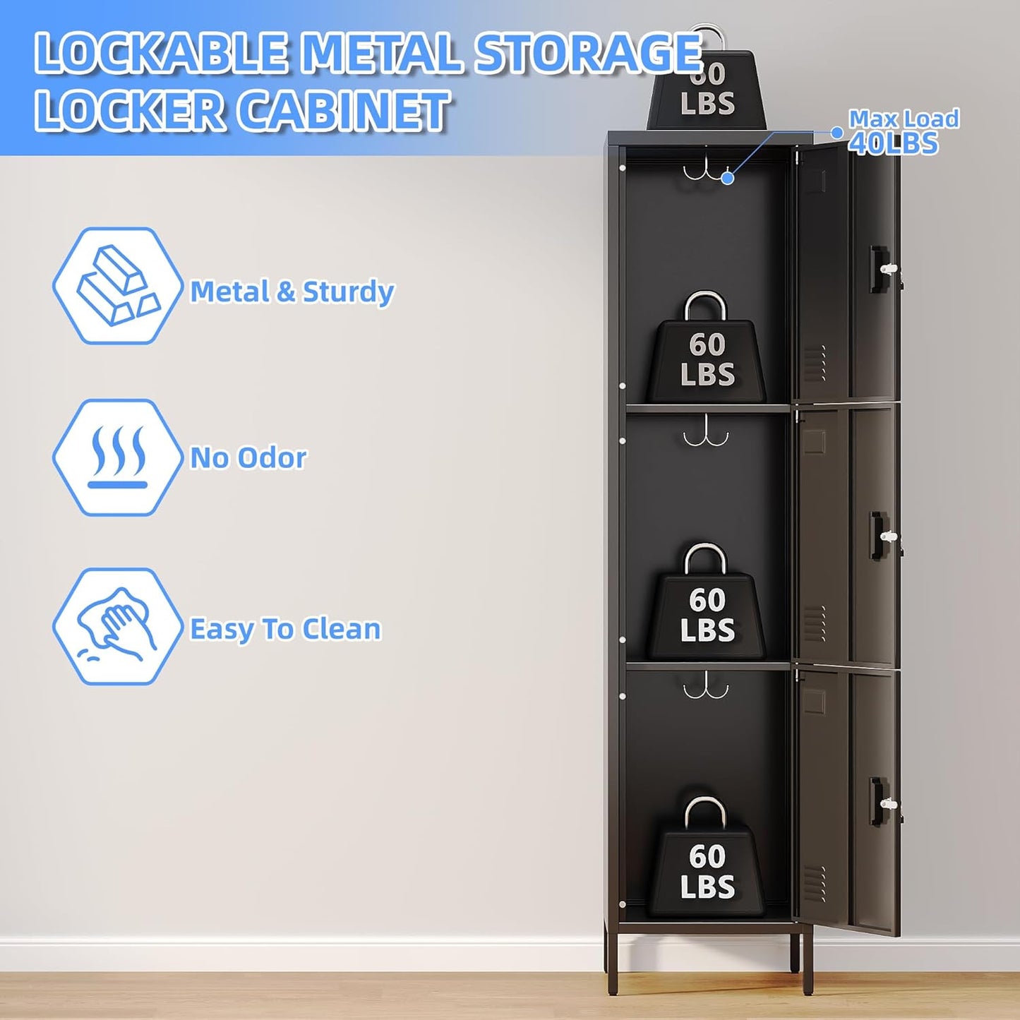 Metal Locker with Hooks and Ventilation Holes,Metal Storage Locker with Keys and Business Card Slot for Home,Gym,Garage,School,Office,66" H×15.75" W× 15.75" D,Assembly Required,Black