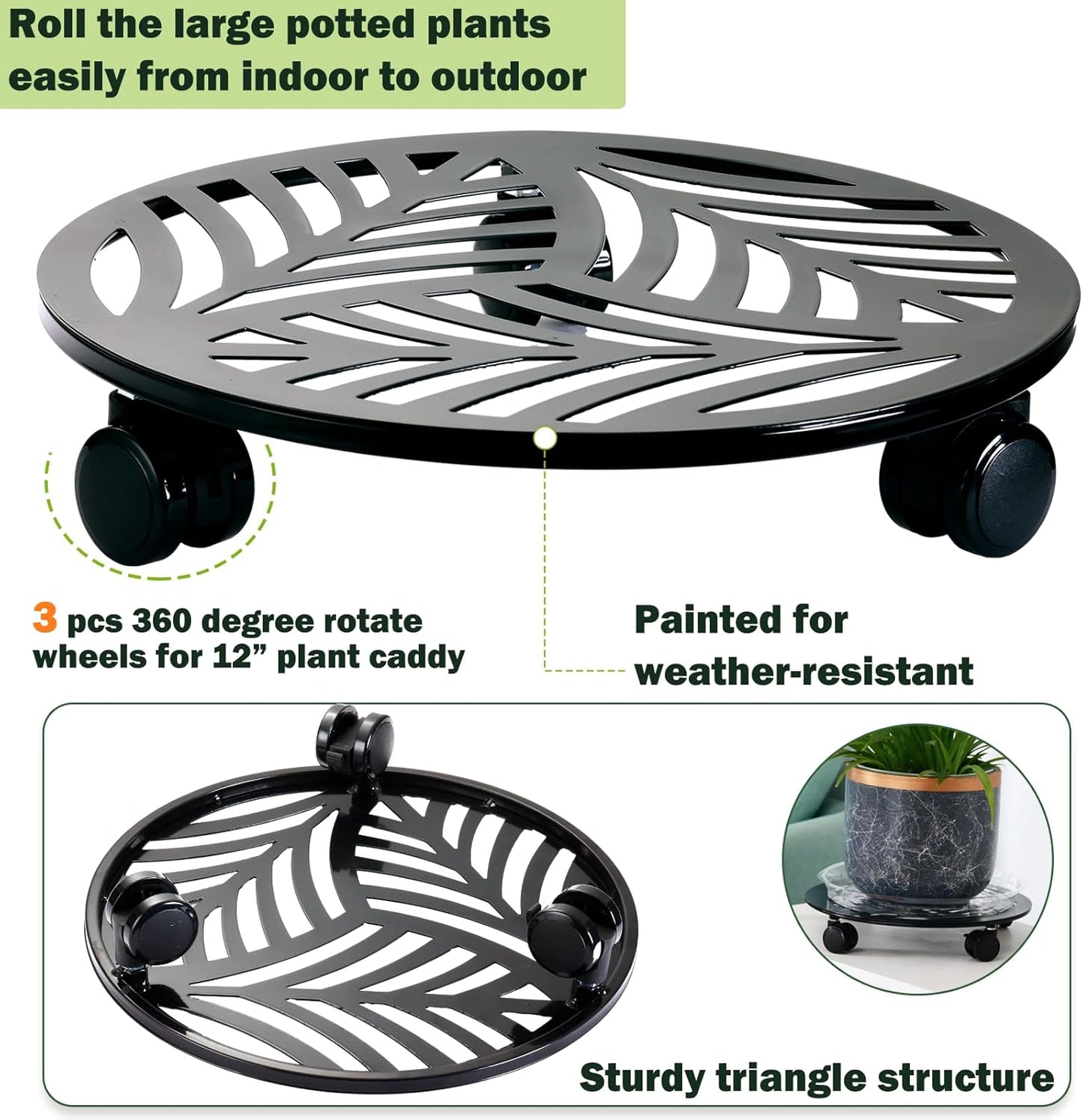 5 Packs Large Metal Plant Caddy with PU Wheels 12" Heavy-Duty Wrought Iron Rolling Plant Stands Indoor Outdoor Wheeled Plant Dolly Planter Mover Rollers Plant, Leaf Style