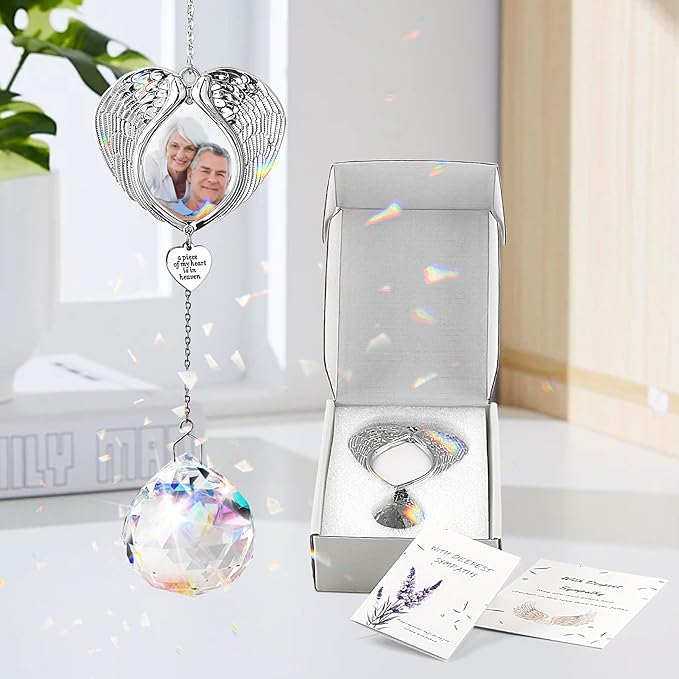 Memorial Gifts for Loss of Loved One, Sympathy Gifts Personalized Memorial Picture Frame Ornament - SunCatcher Crystal Ball, Rainbow Bereavement Gift Ideas for Loss of Mom, Dad, Friend