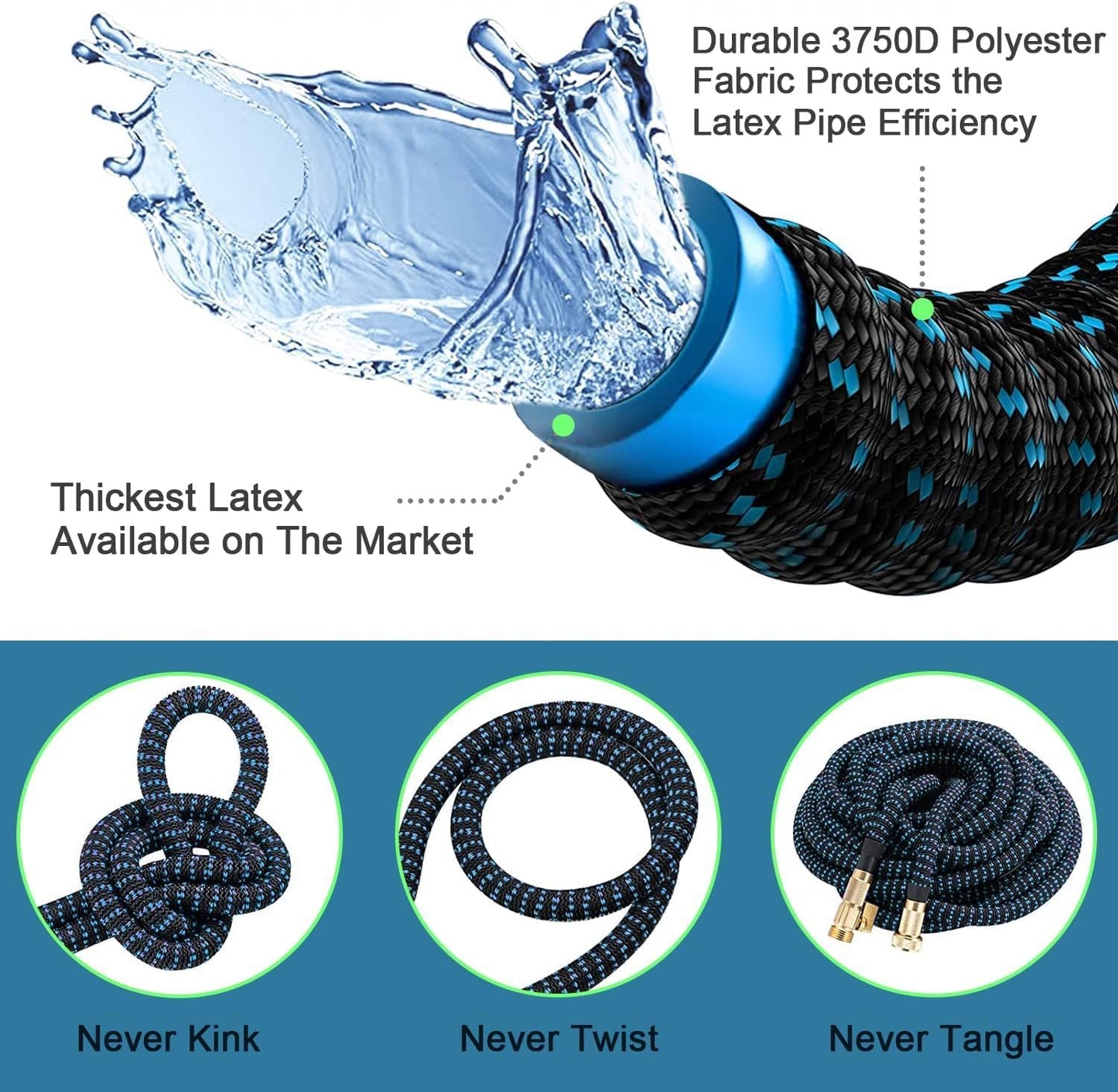 50 ft Expandable Garden Hose - Kink Free Flexible Water Hose 50ft with 10 Pattern Spray Nozzle, 3/4 Solid Brass Connectors, Retractable Latex Core - Lightweight Expanding Hose