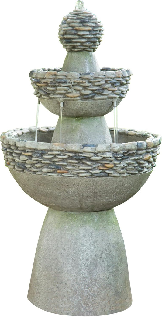 Teamson Home 36.5 in. Outdoor 3-Tier Zen-Style Pedestal Water Fountain in. with Stone Trim with Pump and 2.64 Gallon Capacity, Stone Gray