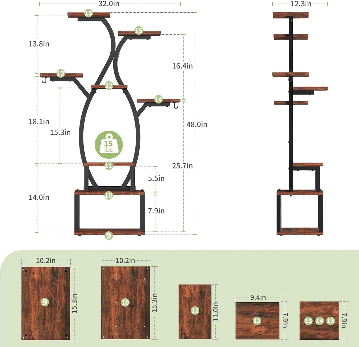 Uneedem 8 Tiered Plant Stand Indoor with Grow Lights, Plant Shelf with Grow Light, Wood Flower Stand for Multiple Plants, Metal flower Holder for Corner, Patio, Garden and Balcony, 32" × 12.3" × 48"