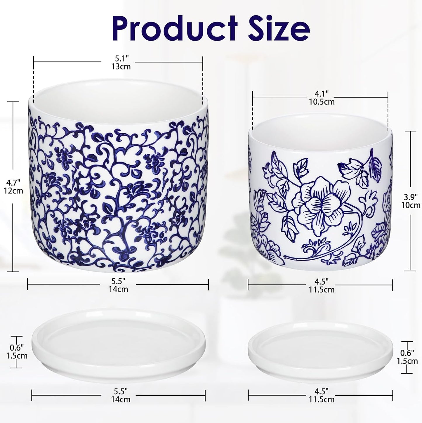 Set of 2 Blue and White Ceramic Plant Pots with Drainage Hole and Saucers, Retro Blue Porcelain Flowers Round Planters for Succulent Cactus Indoor Outdoor Garden Home Desktop Decor, 4.5+5.5 Inch