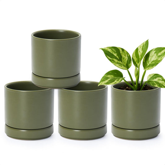 D'vine Dev Set of 4 Small Ceramic Plant Pots, 4.7 Inch Succulent Planter Pot for Plants with Drainage Hole and Saucer, Olive, 94-X-B-0