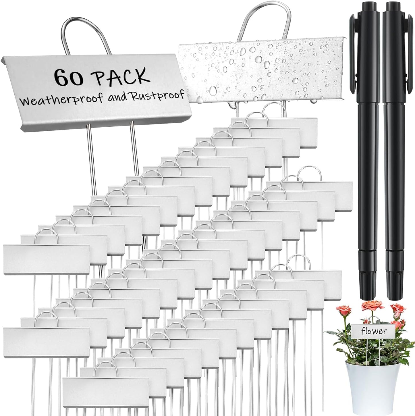 Maitys 60 Pcs Metal Plant Label Stakes Garden Name Markers Outdoor Waterproof Stainless Steel Nursery Tags for Vegetable Herb Flower Seed Identification with 2 Pcs Pens