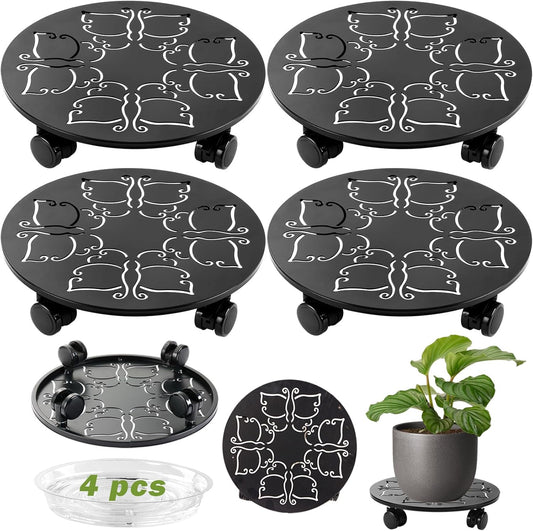4 Packs 12 inches Large Metal Plant Caddy with Wheels Round Planter Dolly Pot Mover Rollers Wrought Iron Rolling Plant Stands Indoor Outdoor Wheeled Plant Holder Coaster Trolley, Butterfly, Black