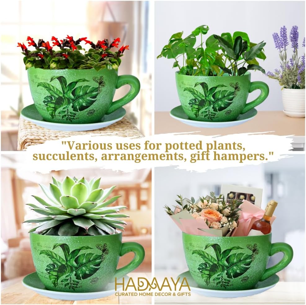 7.5" Ceramic Teacup Planter Pot with Saucer | Ideal for Succulents, Orchids, Herbs & Flowers | Indoor & Outdoor Use | Thoughtful Gift for Birthday or Wedding & More - Green - Palm Leaves
