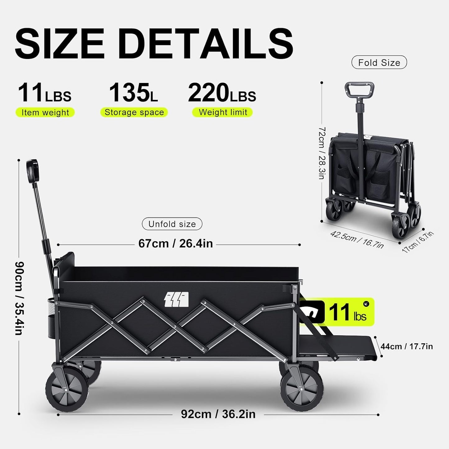 Collapsible Wagons Carts Foldable with Extended Tailgate, Folding Cart on Wheels, Portable Heavy Duty Shopping Carts for Groceries, Apartment, Garden, Camping, Fishing, Outdoor (Black)