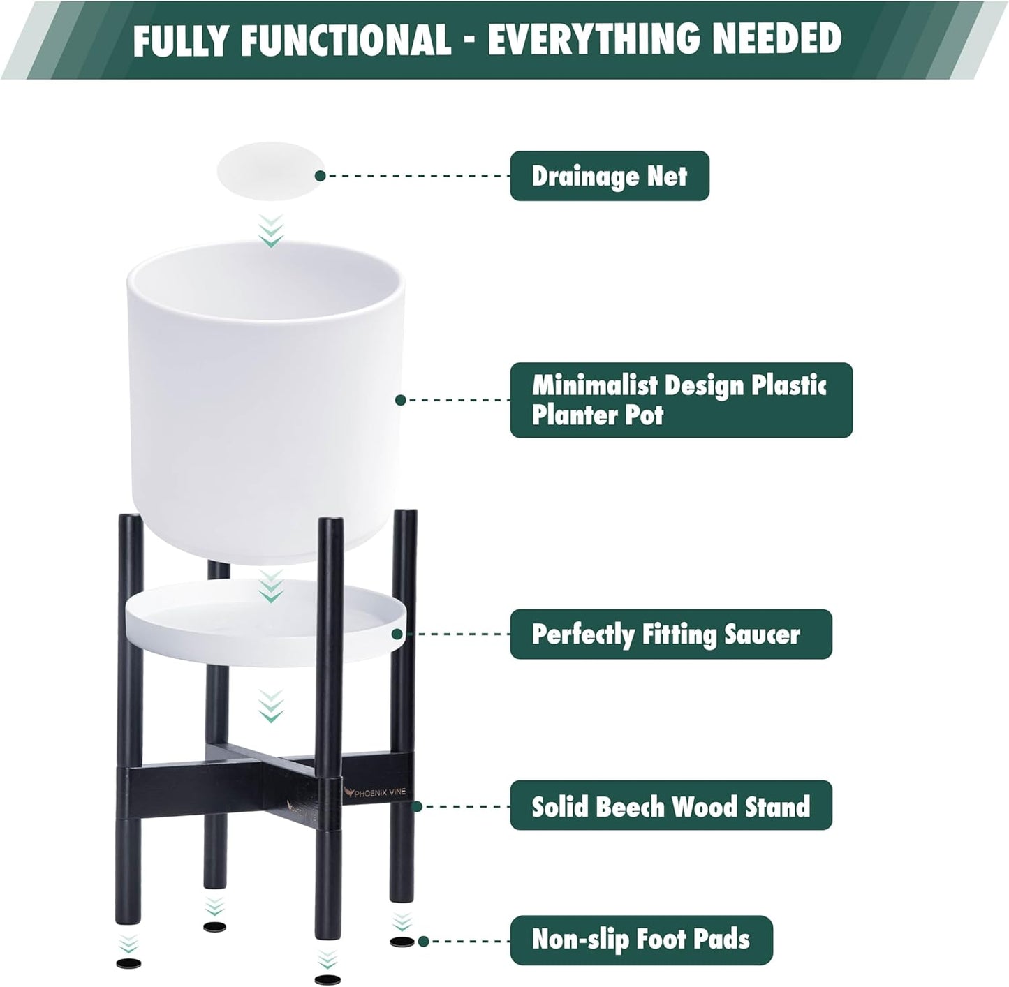 D'vine Dev Planter Pot with Stand - 12 Inch Plastic Cylinder Flower Pot with Wood Planter Holder for Indoor, Matte White Pot + Ebony Stand, 55-C-Q-1