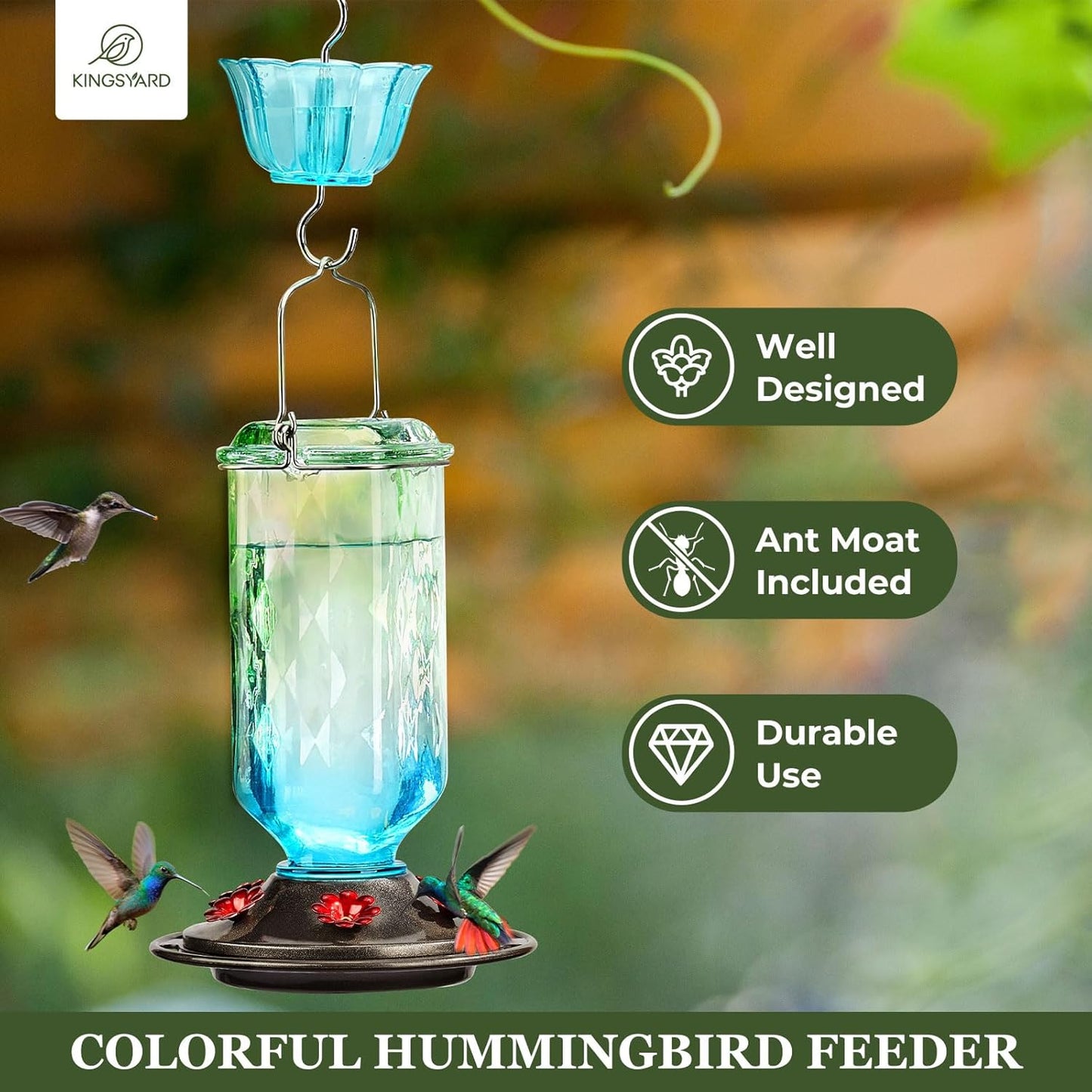 Kingsyard 2 Pack Glass Hummingbird Feeder for Outdoor Hanging, 24 Ounces, 6 Feeding Ports, Bird Nectar Feeder for Garden Décor, Ant Moat Included, Green & Blue