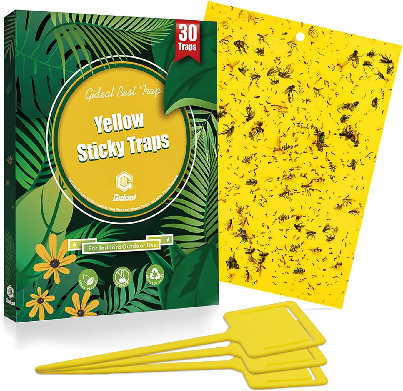 Gideal 30-Pack Dual-Sided Yellow Sticky Traps for Indoor Outdoor Flying Plant Insect Fungus Gnats, Whiteflies, Aphids, Leafminers,Thrips (6x8 Inches, Included 30pcs Twist Ties)