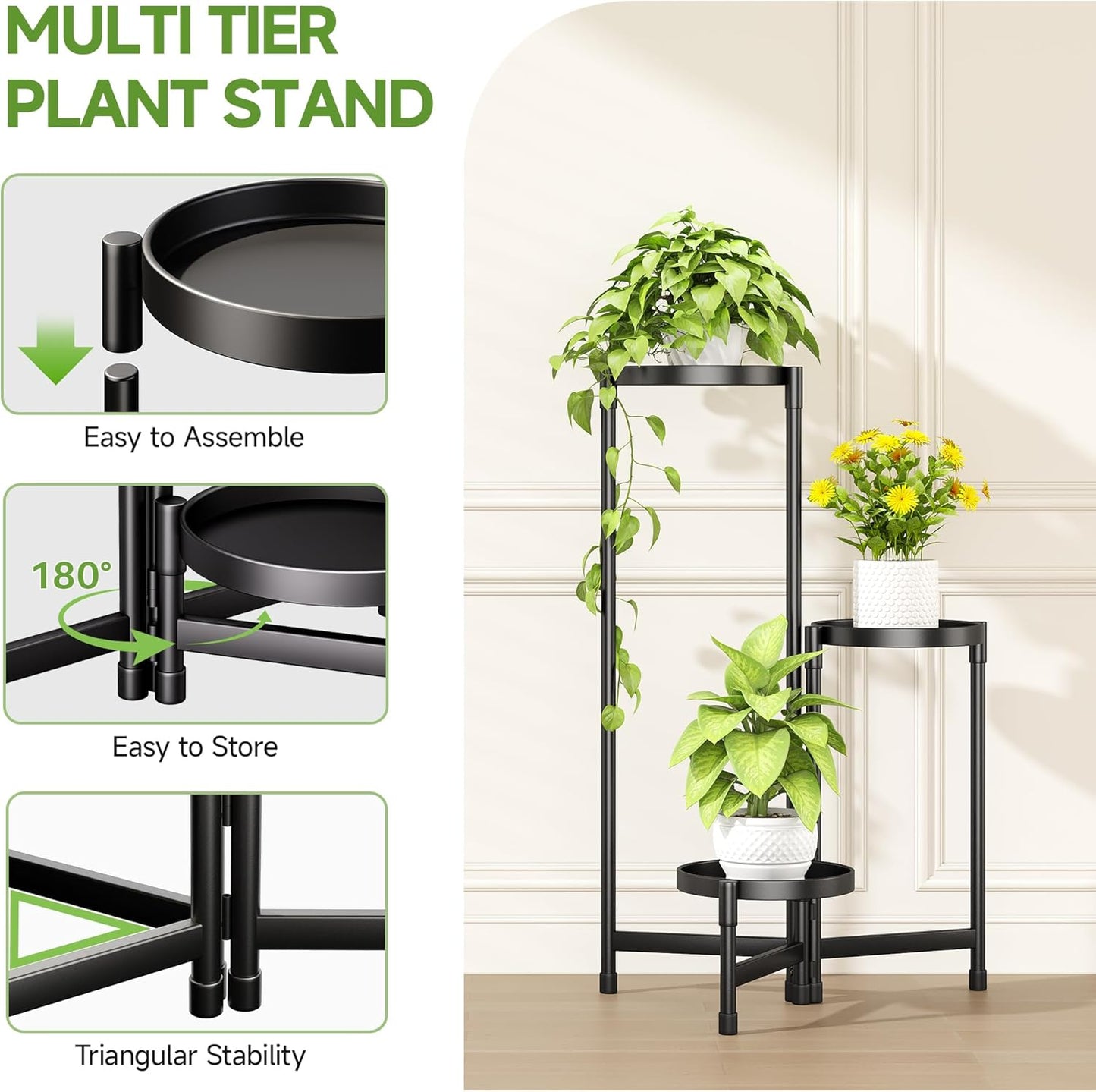 3-Tier Foldable Plant Stand, Corner Display Shelf for Multiple Plants, Indoor Outdoor Rack, Black