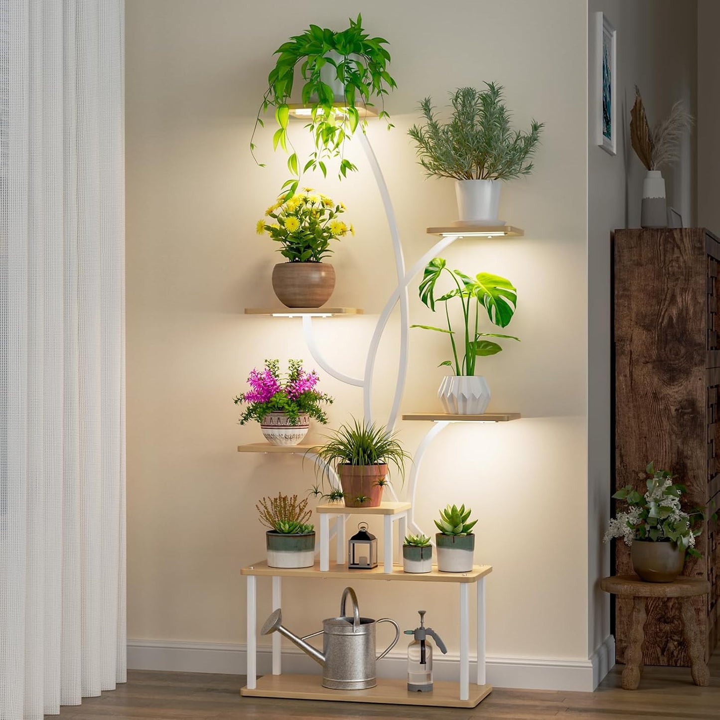 Plant Stand Indoor with Grow Light, 65" Tall Plant Stand 8 Tiered Plant Shelf, Corner Flower Stand for Indoor Plant Multiple, S-Shaped Flower Holder, Plant Rack for Home Patio, White