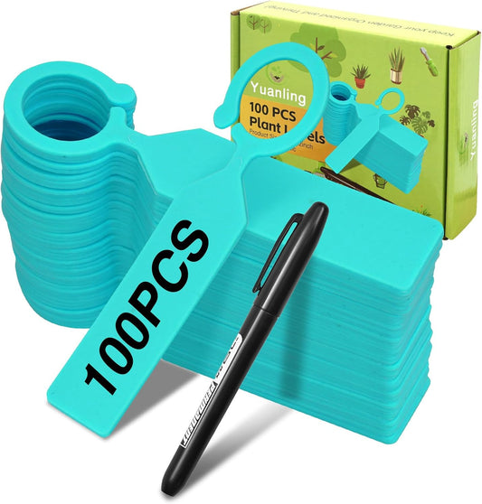 Plant Labels Yuanling 100Pcs Plastic Waterproof Plant Tree Tags Nursery Garden Markers for Indoor Outdoor Gardening Plants Vegetables Flowers Potted (Teal Color with 1 Marker Pen)
