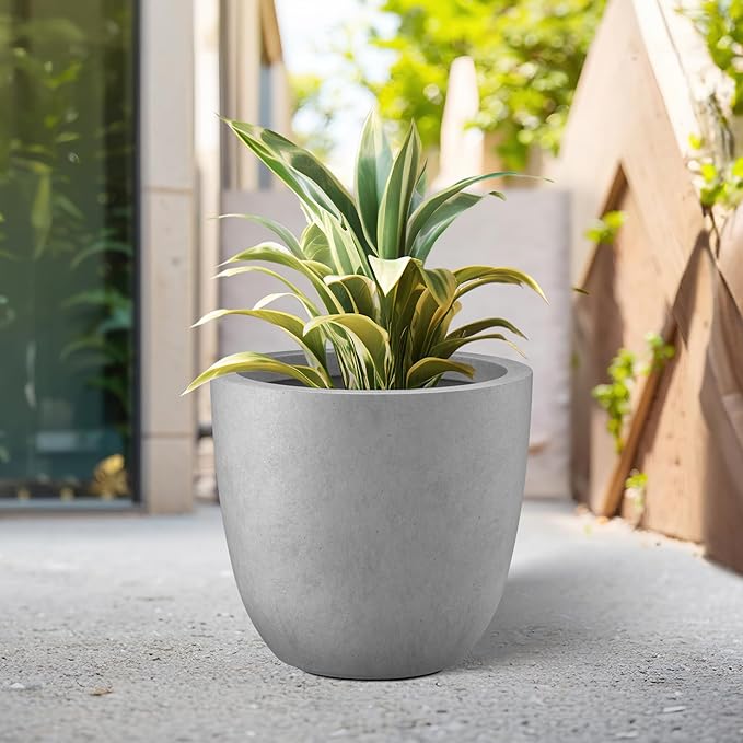 Kante 14 Inch Dia Round Concrete Planter, Indoor Outdoor Large Plant Pot with Drainage Hole and Rubber Plug for Home Patio Garden, Gray Concrete