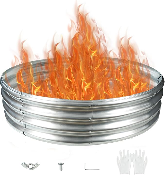 Durable Round Galvanized Steel Raised Garden Bed for Planting,Round Galvanized Steel Fire Ring/Fir Pit for Outdoor- 4×4×1FT,0.8MM Thick Black (47 ins Diameter x 12 ins high, Silver)