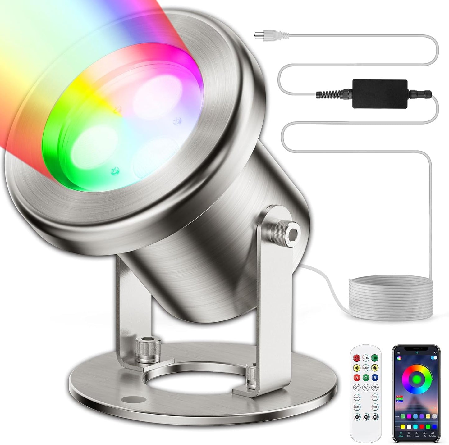 LED Pond Lights, 6W RGB SS316 Stainless Steel Dimmable Underwater Pond Lights, IP68 Waterproof Submersible Fountain Light APP Control, 12V Outdoor Waterproof Light with Transformer Timer, 26ft Cord