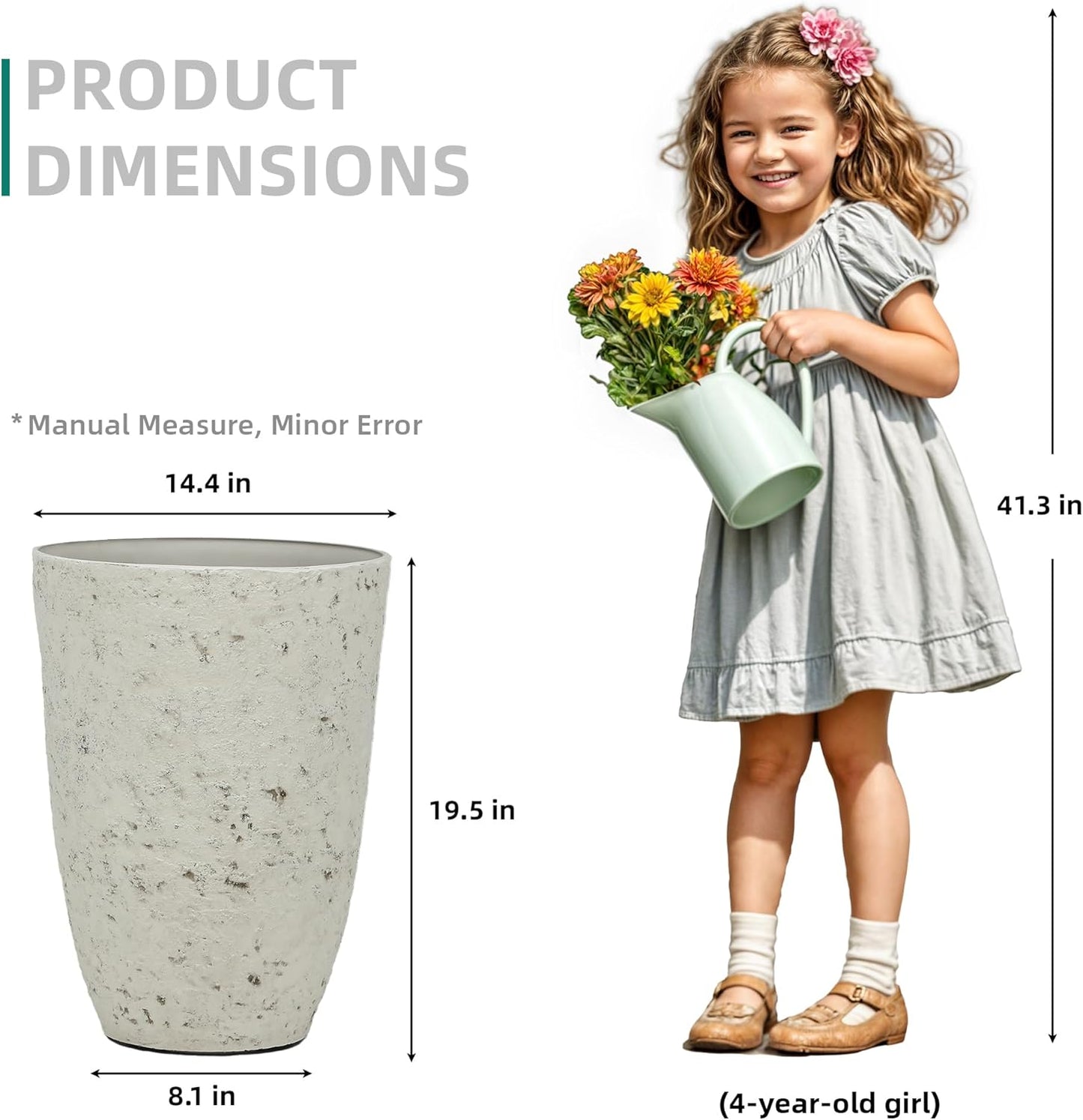 19.5" Resin Tall Planters for Outdoor Plants, Set of 2 Country White Large Flower Pots with Handmade Birch Bark Texture, Heavy-Duty and Weather-Resistant for Year Round Indoor Outdoor use