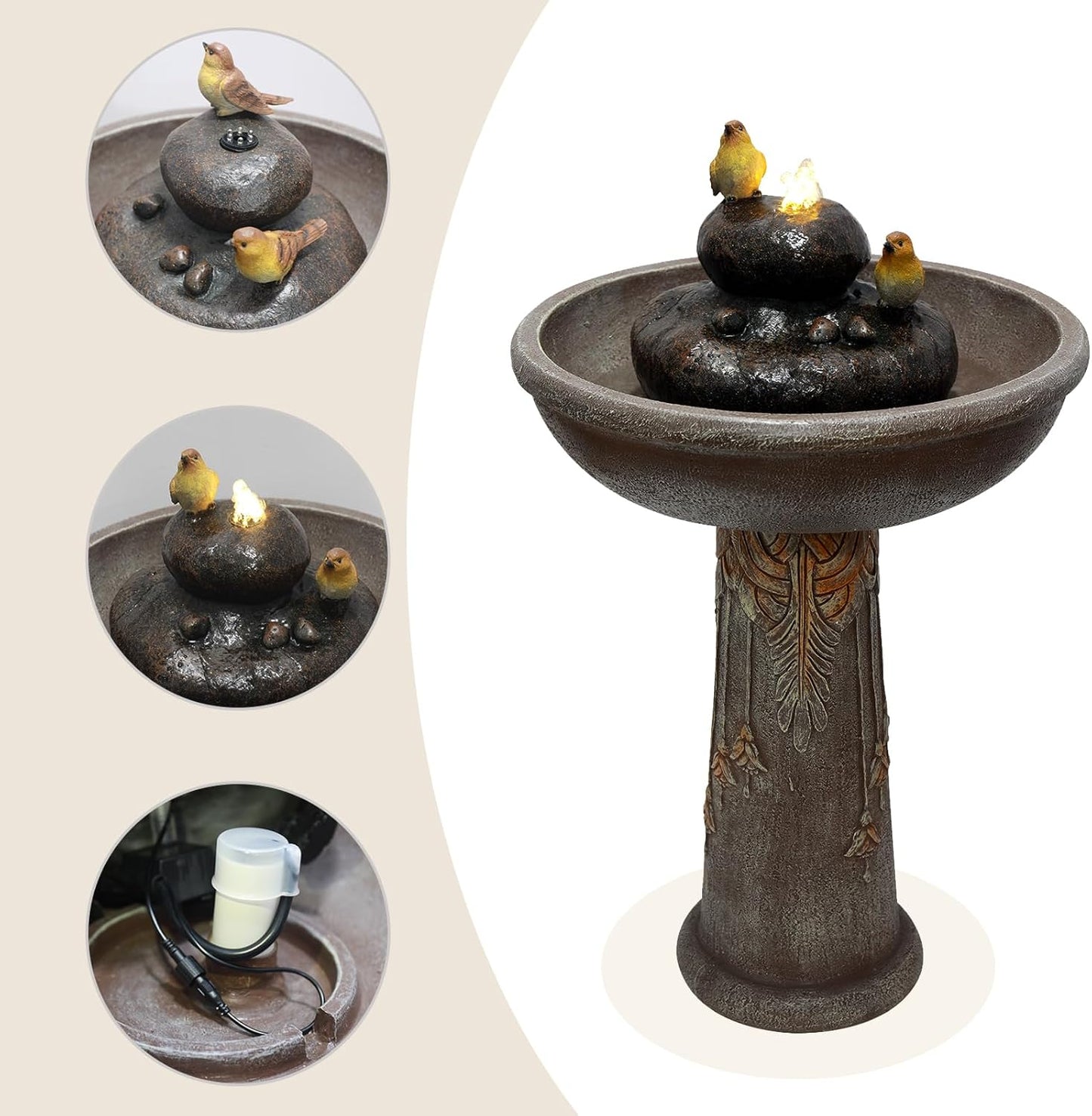 G-LEAF Outdoor Garden Bird Bath Fountain with LED Lights, Freestanding Waterfall Birdbath Garden Water Fountain for Backyard, Patio