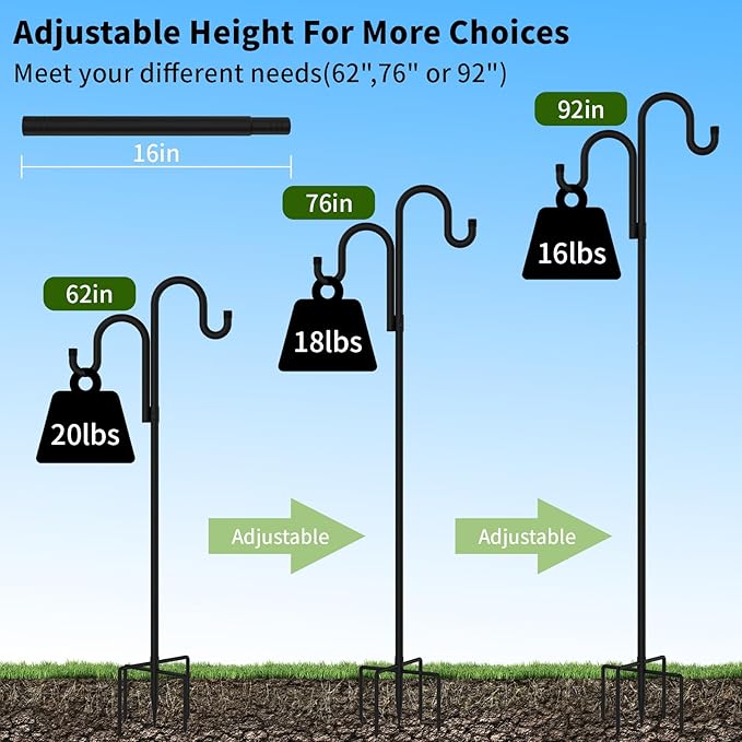 Double Shepherds Hooks for Outdoor, Bird Feeder Pole with 5 Prongs Base, Heavy Duty Garden Hook for Lantern, Wind Chime and Hummingbird Feeder, 92 Inch, 2 Pack