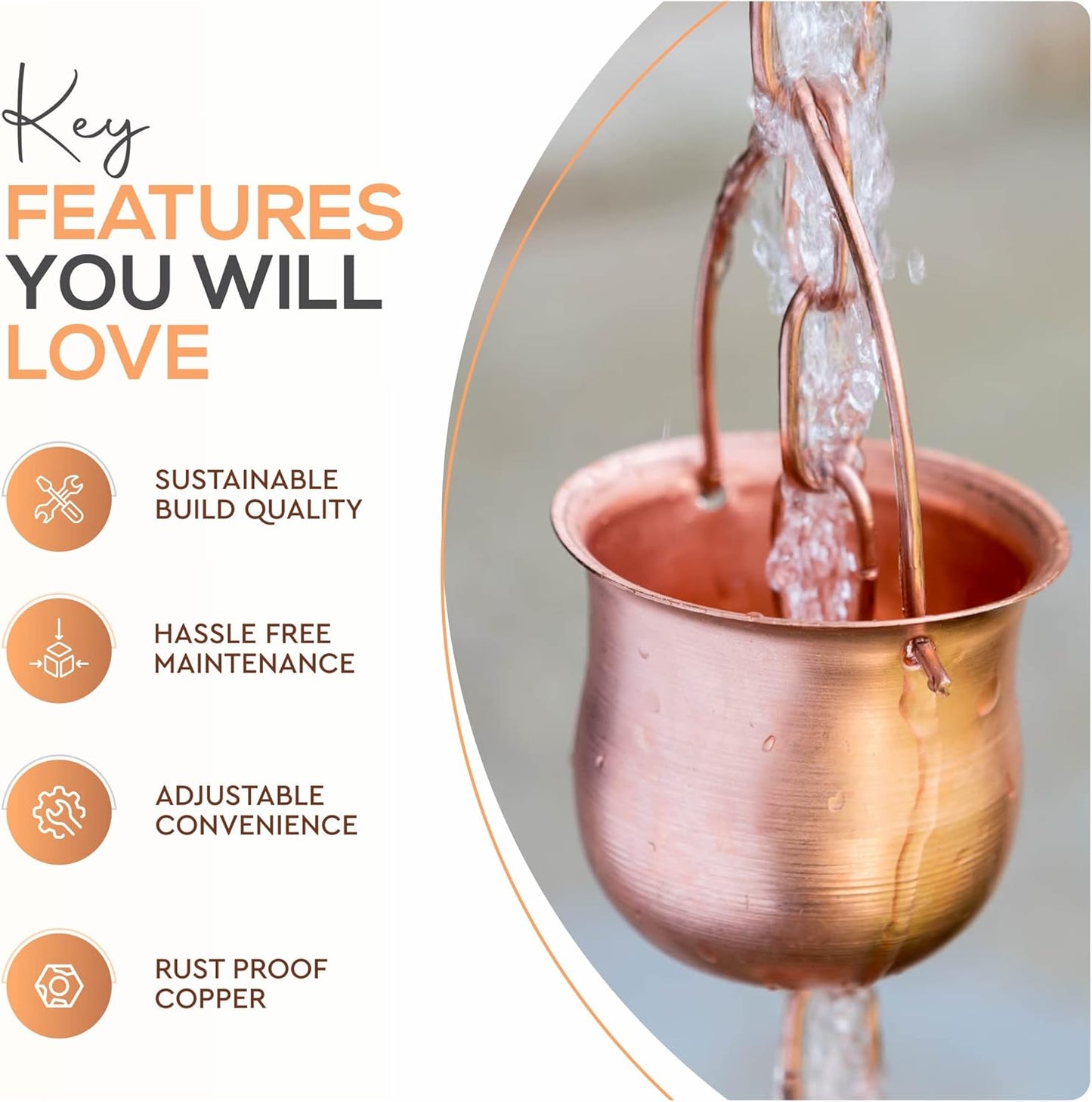 Copper Rain Chain – Decorative Chimes & Cups Replace Gutter Downspout & Divert Water Away from Home for Stunning Fountain Display – 6.5’ Long for Universal Fit – Pot Style