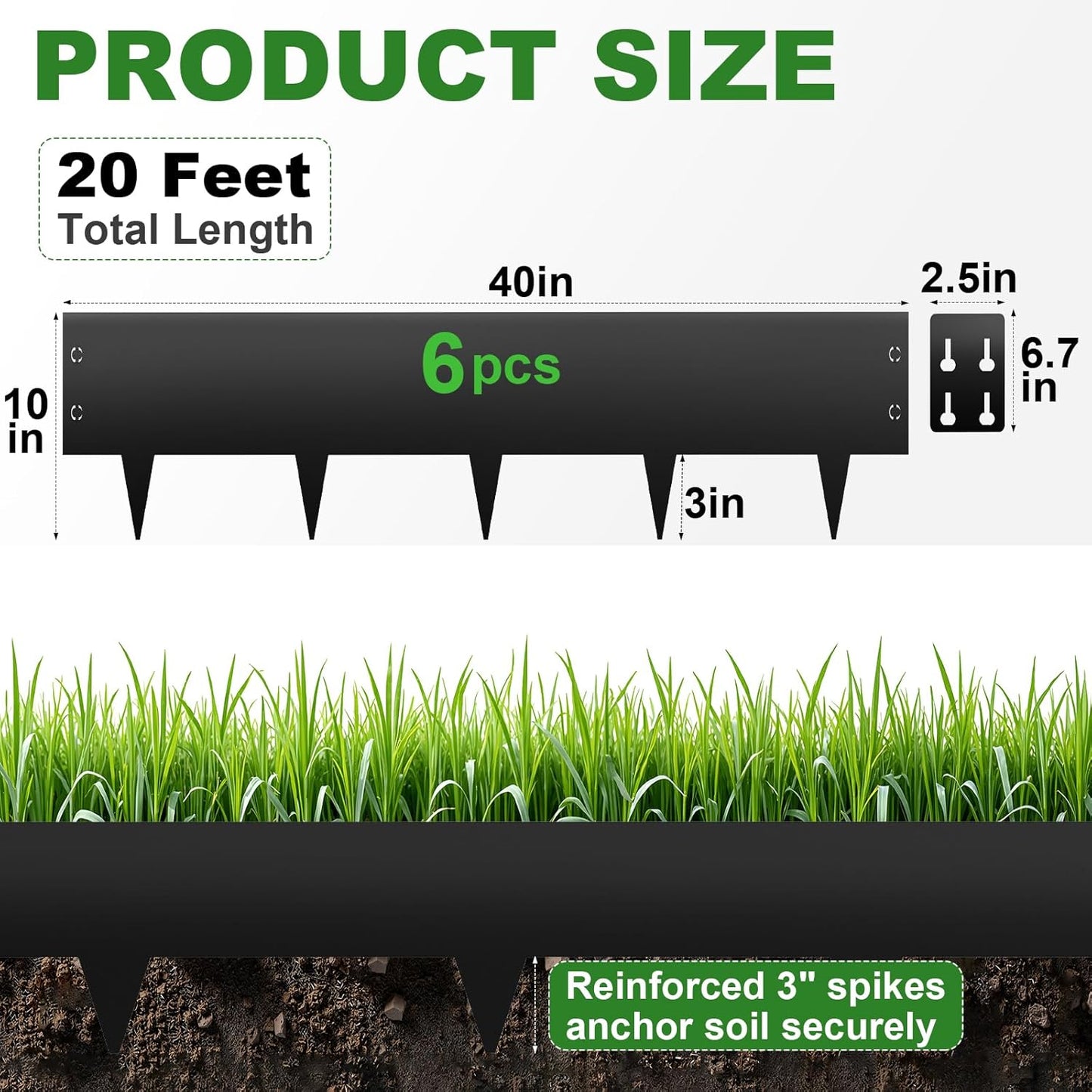 Steel Landscape Edging 6-Pack, 10" H X 40" L Bendable Metal Edging for Landscaping, No-Dig Metal Landscaping Edging for Yard, Lawn Edge, Pathway & Flower Beds (20Ft Total)