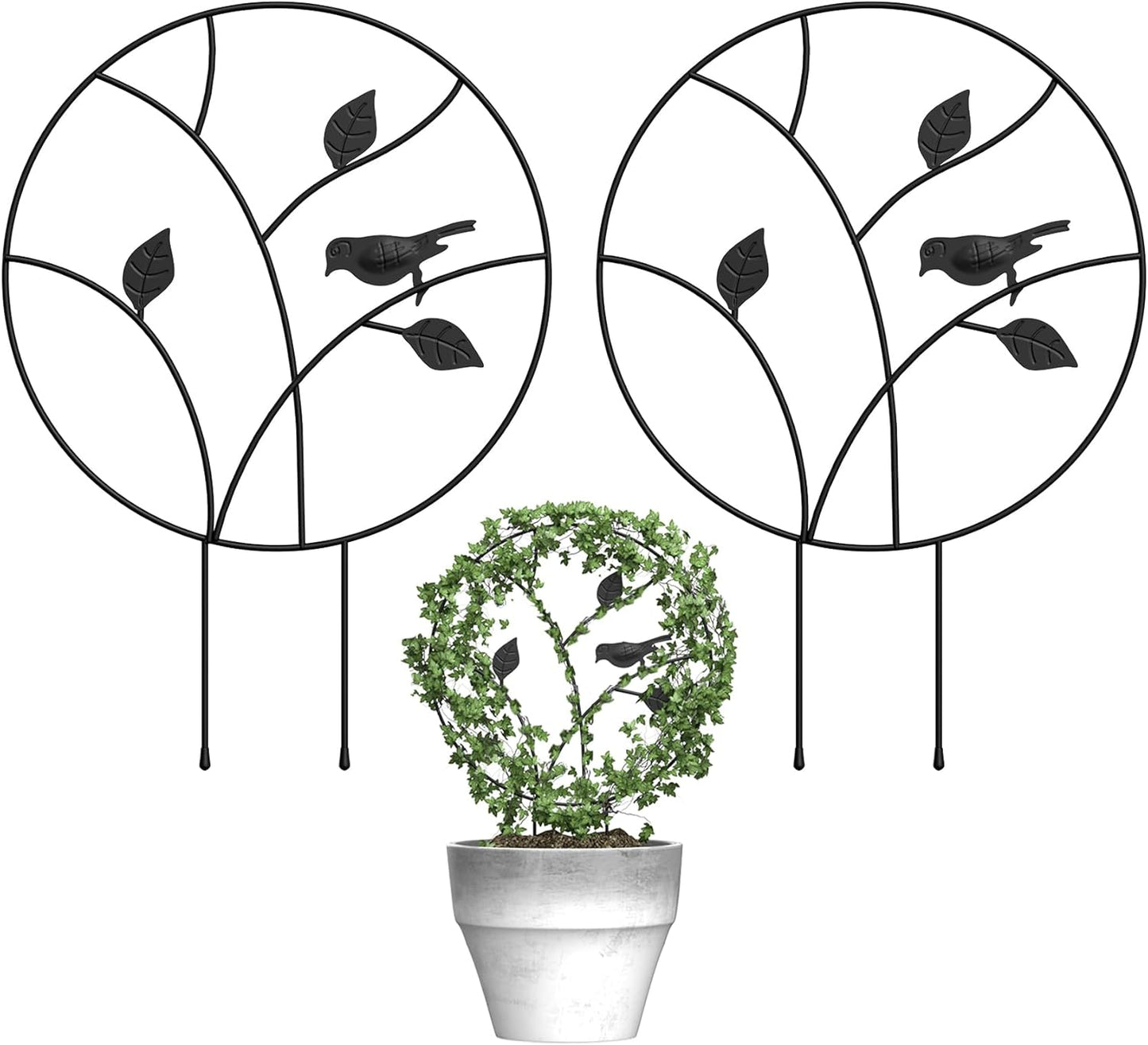Indoor Plant Trellis for Climbing Plants, Small Garden Trellis for Potted Plant Support Outdoor, Round Circle Trellis with Bird, 2 Pack Small Houseplant Metal Wire Trellis for Vine Ivy