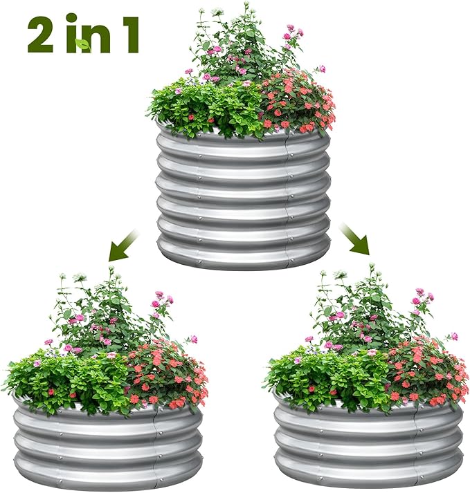 KING BIRD Raised Garden Bed Galvanized Round Planter Box Outdoor for Gardening, Plants, Vegetables, Flowers, Silver, 24x24x12 in, 2 Packs