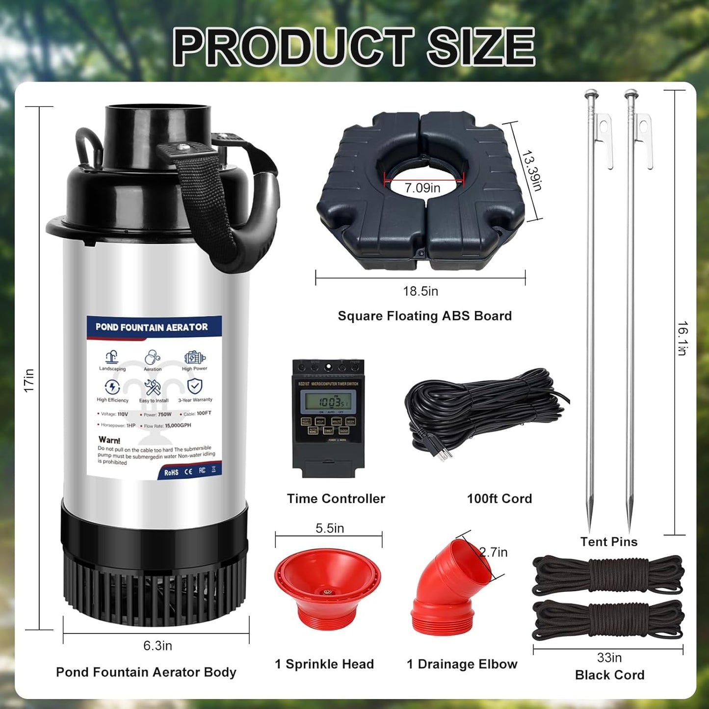 Pond Fountain Aerator Pump, 1HP 110V 15,000 GPM Pond Fountain, pond aerator, 15 Amp/100-foot Power Cord, Timer Controller, Suitable for Pond and Lake Aerator Pumps